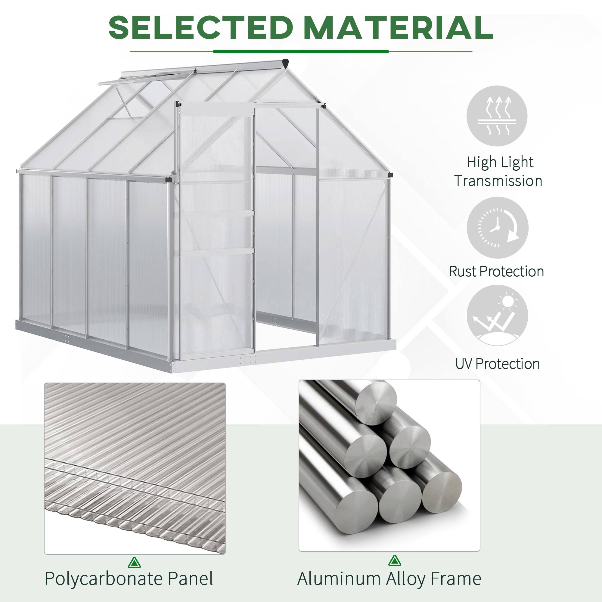 SELECTED MATERIAL

Polycarbonate Panel
Aluminum Alloy Frame
High Light Transmission
Rust Protection
UV Protection