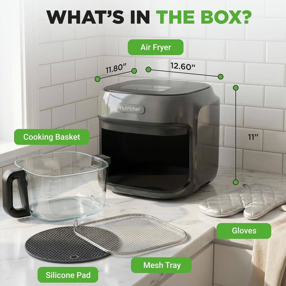 WHAT'S IN THE BOX?
- Air Fryer
- Cooking Basket
- Gloves
- Silicone Pad
- Mesh Tray

Dimensions:
- Air Fryer: 11.80" x 12.60"
- Cooking Basket: 11"