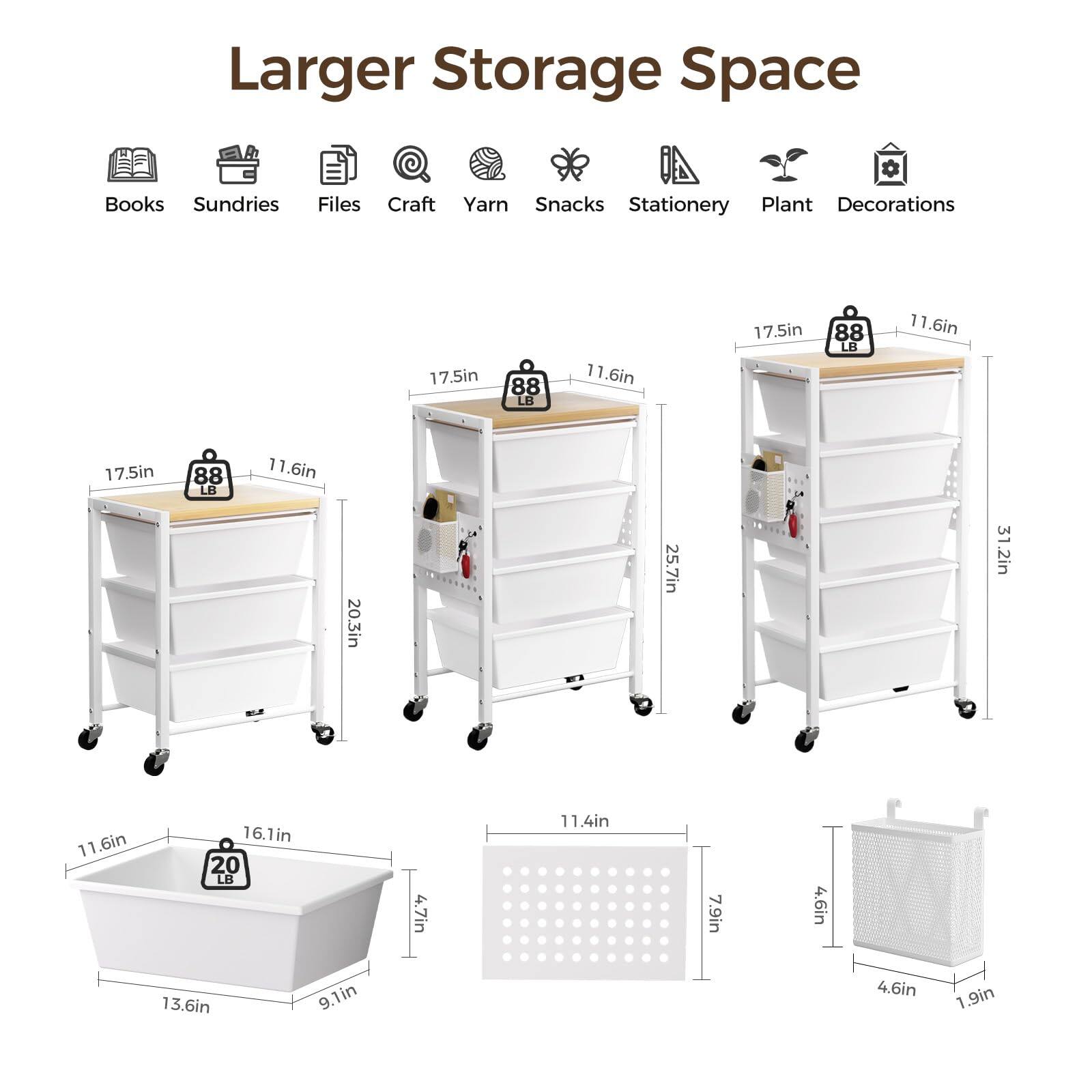 Larger Storage Space

Books  
Sundries  
Files  
Craft  
Yarn  
Snacks  
Stationery  
Plant  
Decorations  

17.5in x 11.6in x 20.3in  
88 LB  

17.5in x 11.6in x 25.7in  
88 LB  

17.5in x 11.6in x 31.2in  
88 LB  

11.6in x 16.1in x 4.7in  
20 LB  

11.4in x 7.9in x 4.6in  

4.6in x 1.9in