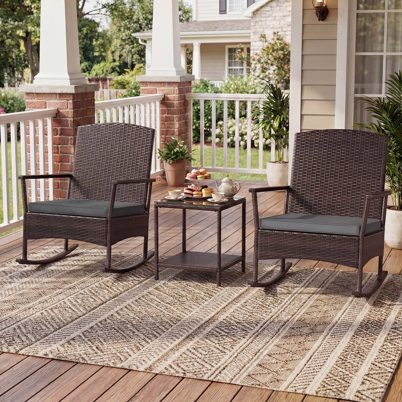 Alt View 1. Costway - Costway 3 Piece Patio Rocking Bistro Set, 2 Rattan Armchairs with 2-Tier Side Table - Mix Brown + Gray.