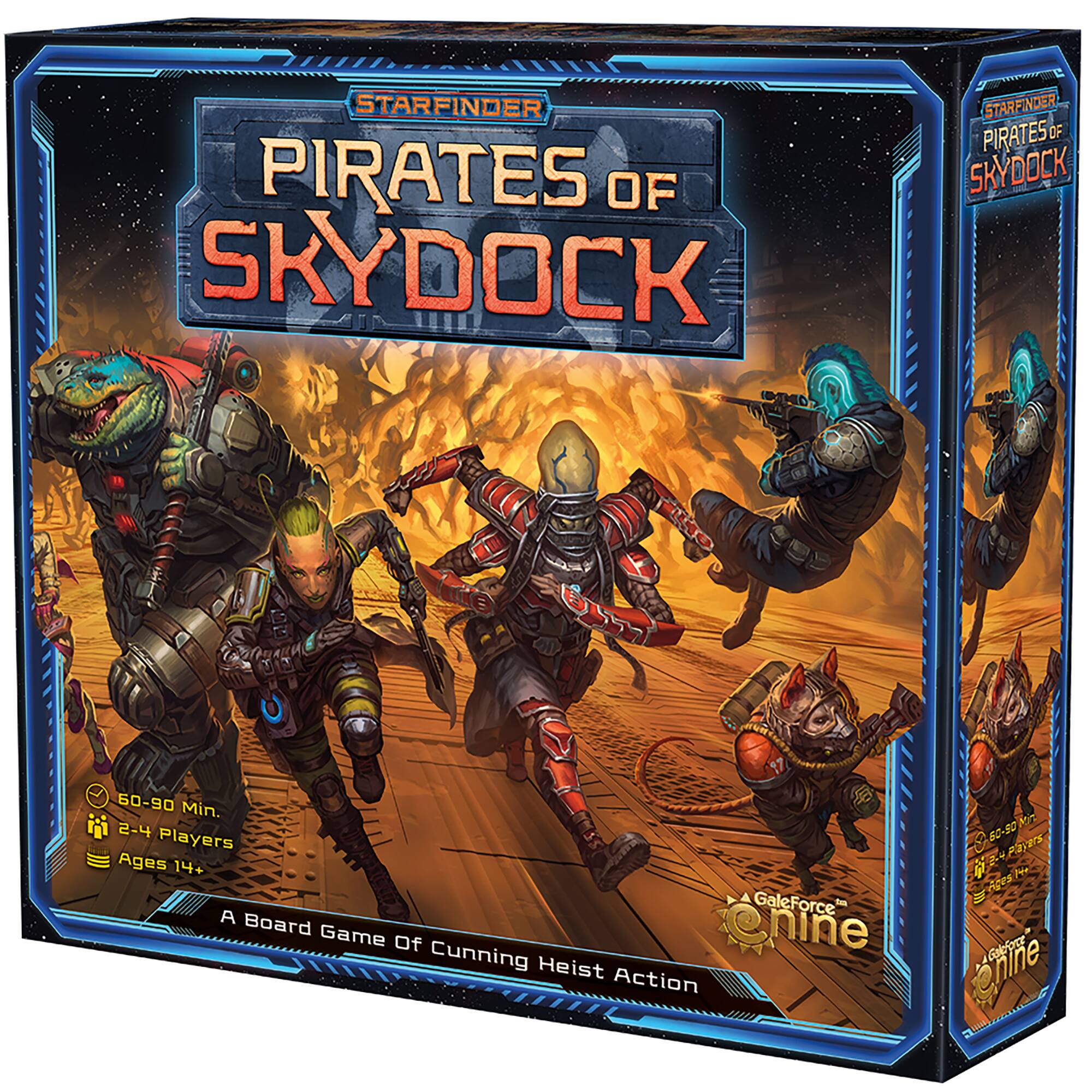 The text on the image is already grouped and correctly written. It reads:

"Starfinder Pirates of Skydock: A Board Game of Nine Cunning Heist Action. 60-90 Min. for 2-4 Players. Ages 14+."