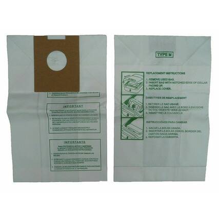 **TYPE M REPLACEMENT INSTRUCTIONS**
1. REMOVE USED BAG.
2. INSERT BAG WITH NOTCHED EDGE OF COLLAR FACING UP.
3. REPLACE COVER.
**IMPORTANT**
- CHANGING BAGS FREQUENTLY WILL MAINTAIN YOUR VACUUM'S PERFORMANCE.
- DO NOT REUSE BAGS.
**DIRECTIVES DE REMPLACEMENT**
1. RETIRER LE SAC USAGÉ.
2. INSÉRER LE SAC AVEC LE BORD À ENCOCHE DU COLLAR ORIENTÉ VERS LE HAUT.
3. REMETTRE LE COUVERCLE.
**IMPORTANT**
- POUR PROTÉGER LE MOTEUR, MAINTENIR LE POUVOIR POUR L'ASPIRATEUR.
- NE PAS REUTILISER LES SACS.
- LE REMPLACEMENT FRÉQUENT DES SACS PEUT CONSERVER L'EFFICACITÉ DE L'ASPIRATEUR.
**INSTRUCCIONES PARA CAMBIAR**
1. SACAR LA BOLSA USADA.
2. INSERTAR LA BOLSA CON EL BORDE DEL CARTÓN HACIA ARRIBA.
3. REPONER LA