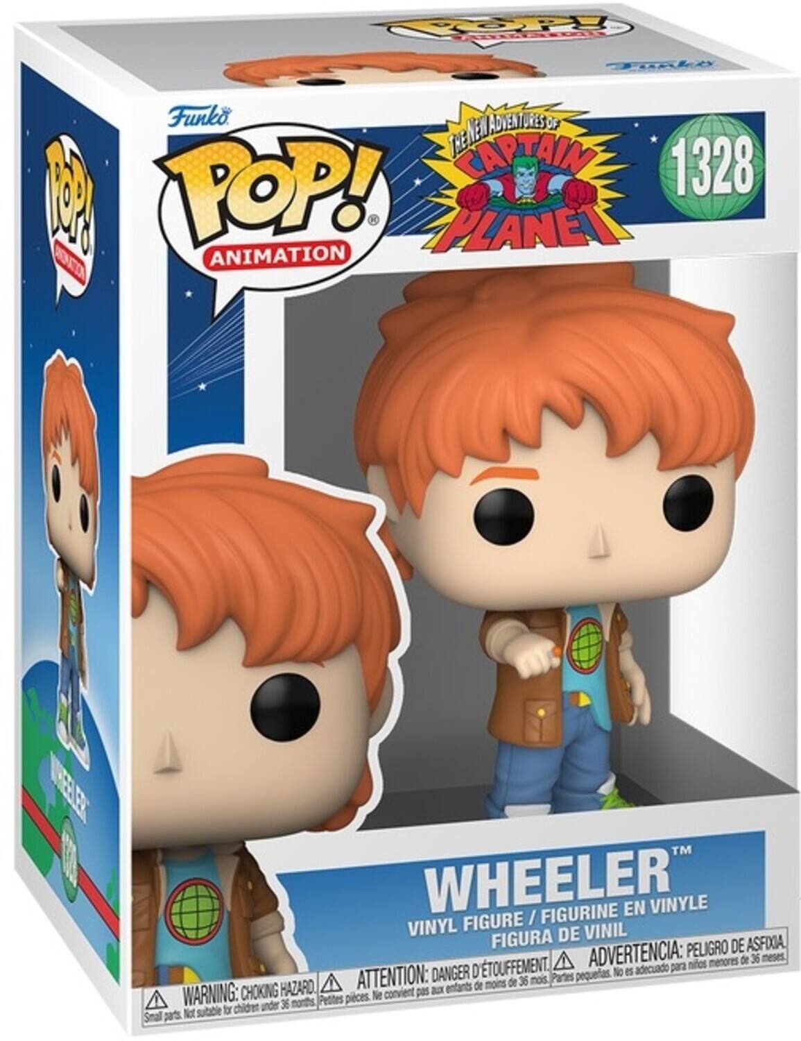 The text can be grouped as follows:

1. **Funko Pop! Animation**
2. The New Adventures of the New Captain Planet
3. 1328
4. Wheeler
5. Vinyl Figure / Figurine en Vinyle / Figura de Vinil
6. Choking Hazard
7. Danger: Choking Hazard
8. Attention: Danger d'étouffement
9. Advertencia: Peligro de asfixia
10. Not suitable for children under 36 months
11. No es adecuado para niños menores de 36 meses
12. Petites pièces. Ne convient pas aux enfants de moins de 36 mois
13. Small parts. Not suitable for children under 36 months
14. Parts peligrosas. No adecuado para niños menores de 36 meses
15. Petites pièces. Ne convient pas aux enfants de moins de 36 mois