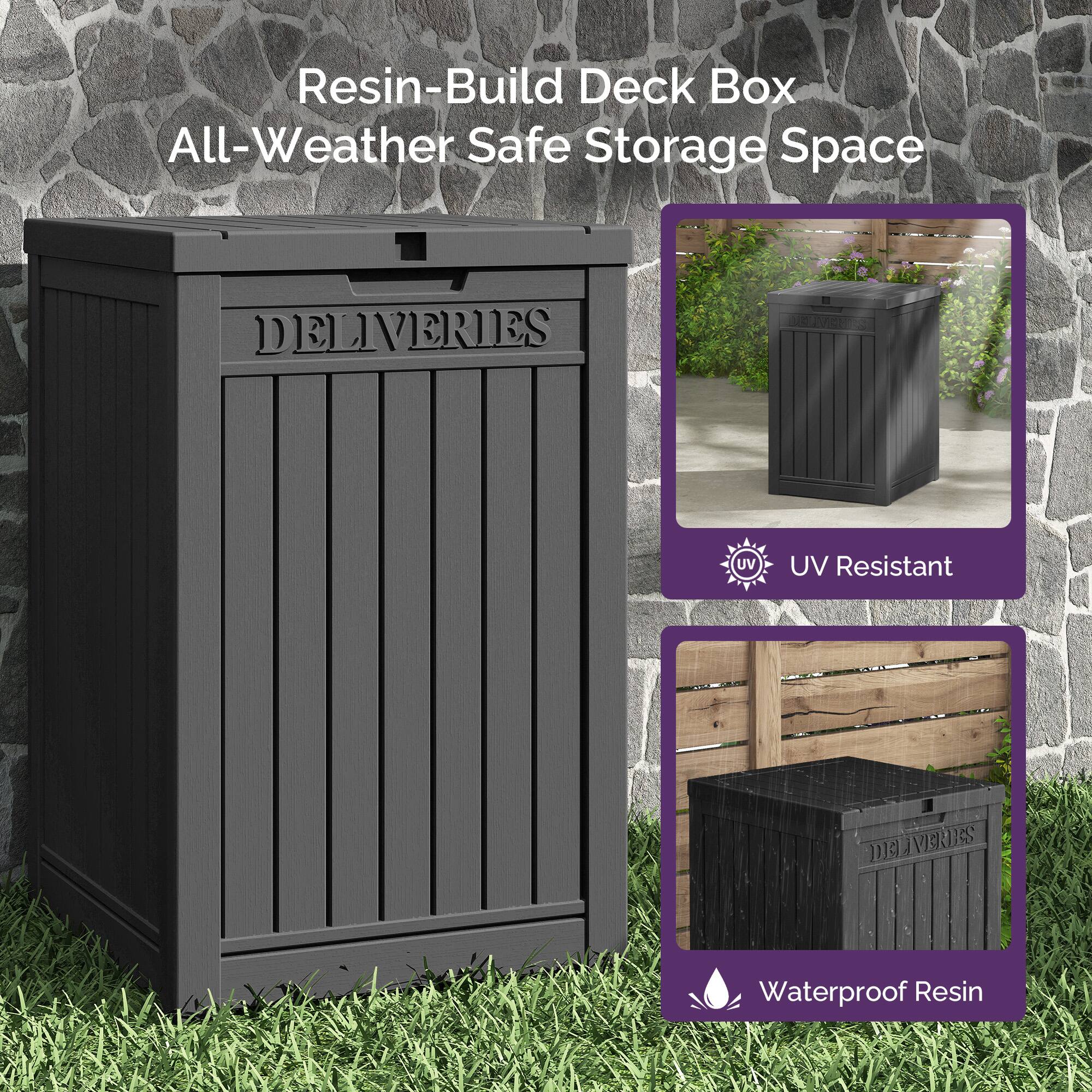Resin-Build Deck Box  
All-Weather Safe Storage Space  

DELIVERIES  

UV Resistant  

Waterproof Resin