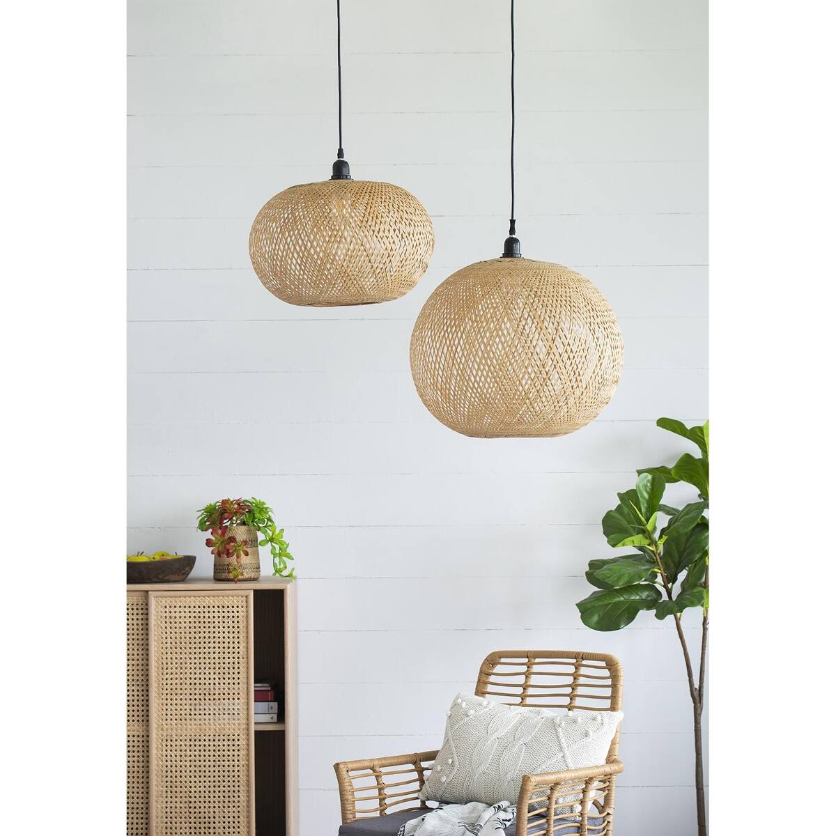 Alt View 3. Loheer - Loheer Beige Bamboo Chandelier, Round Woven Pendant Light, Twenty Two Inch Bohemian Ceiling Fixture.