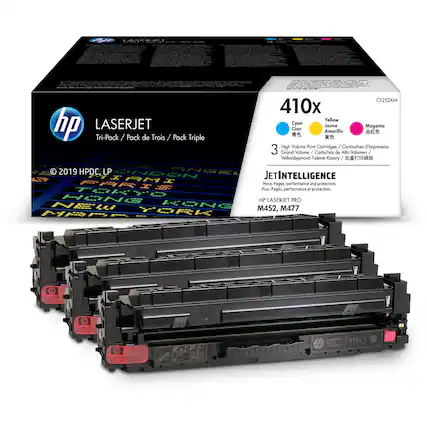 **Product Name:**
- HP LaserJet 410x High Volume Print Cartridges
**Packaging Details:**
- Tri-Pack / Pack de Trois / Pack Triple
- CF252XM
**Cartridge Colors:**
- Cyan
- Yellow
- Magenta
**Compatibility:**
- HP LaserJet Pro M452, M477
**Features:**
- JetIntelligence
- More Pages, performance and protection.
**Additional Information:**
- High Volume Print Cartridges / Cartouches d'impression de Grand Volume / Cartuchos de Alto Volumen / Velkoobjemovo Tiskové Kazety
- 3 Cartridges per pack
**Designation:**
- © 2019 HPDC, LP
**Note:**
- Tamper with this product voids warranty.