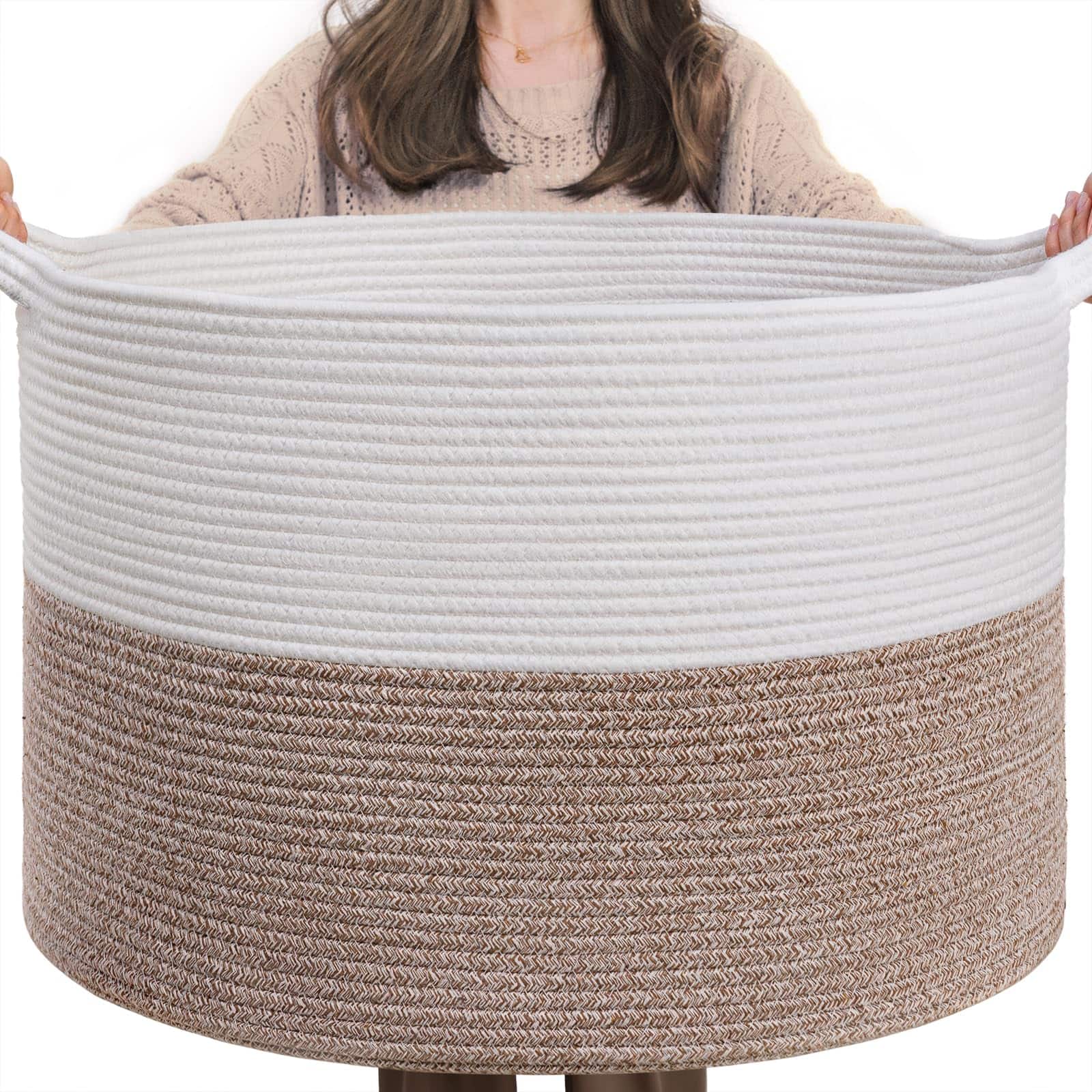 Dapper Styles - Xxxlarge Cotton Rope Basket 21 7" X 13 8" Woven Laundry For Blankets Toys Storage Baskets With Handle Comfo - White & Brown-21.7"D x 13.8"H
