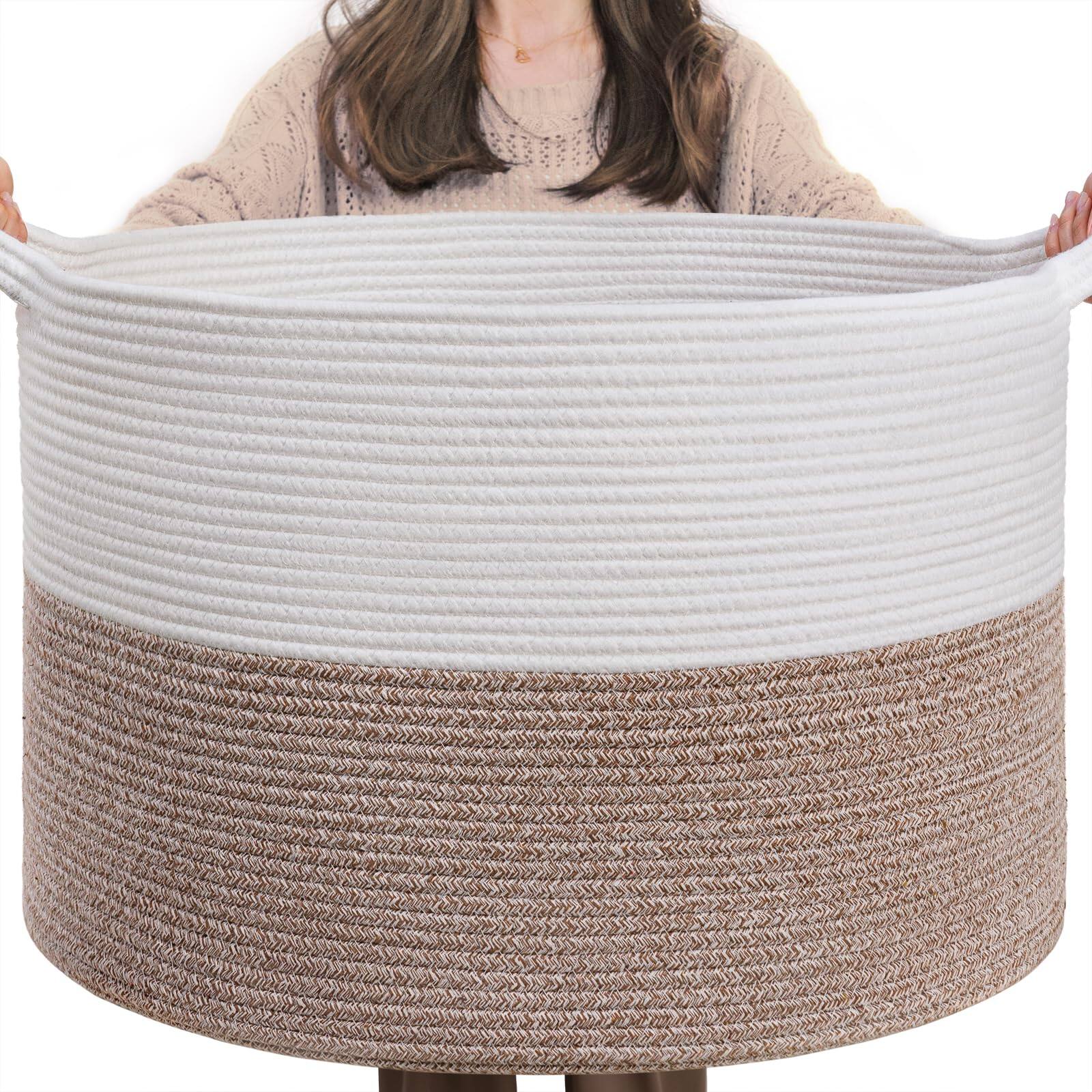 Dapper Styles - Xxxlarge Cotton Rope Basket 21 7" X 13 8" Woven Laundry For Blankets Toys Storage Baskets With Handle Comfo - White & Brown-21.7"D x 13.8"H