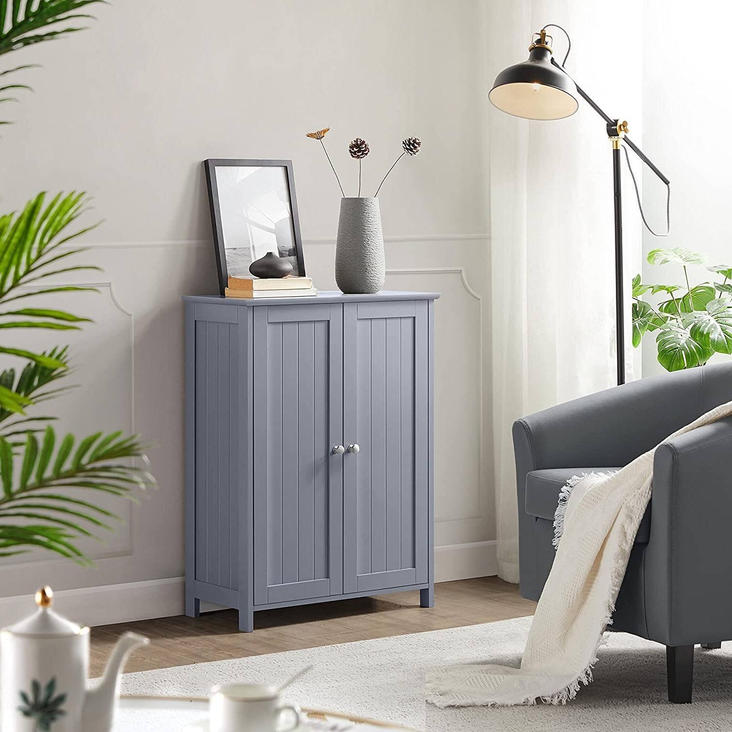 Left. Hivvago - Gray Wood 2-Door Freestanding Bathroom Floor Cabinet Kitchen Storage Cupboard - Grey.