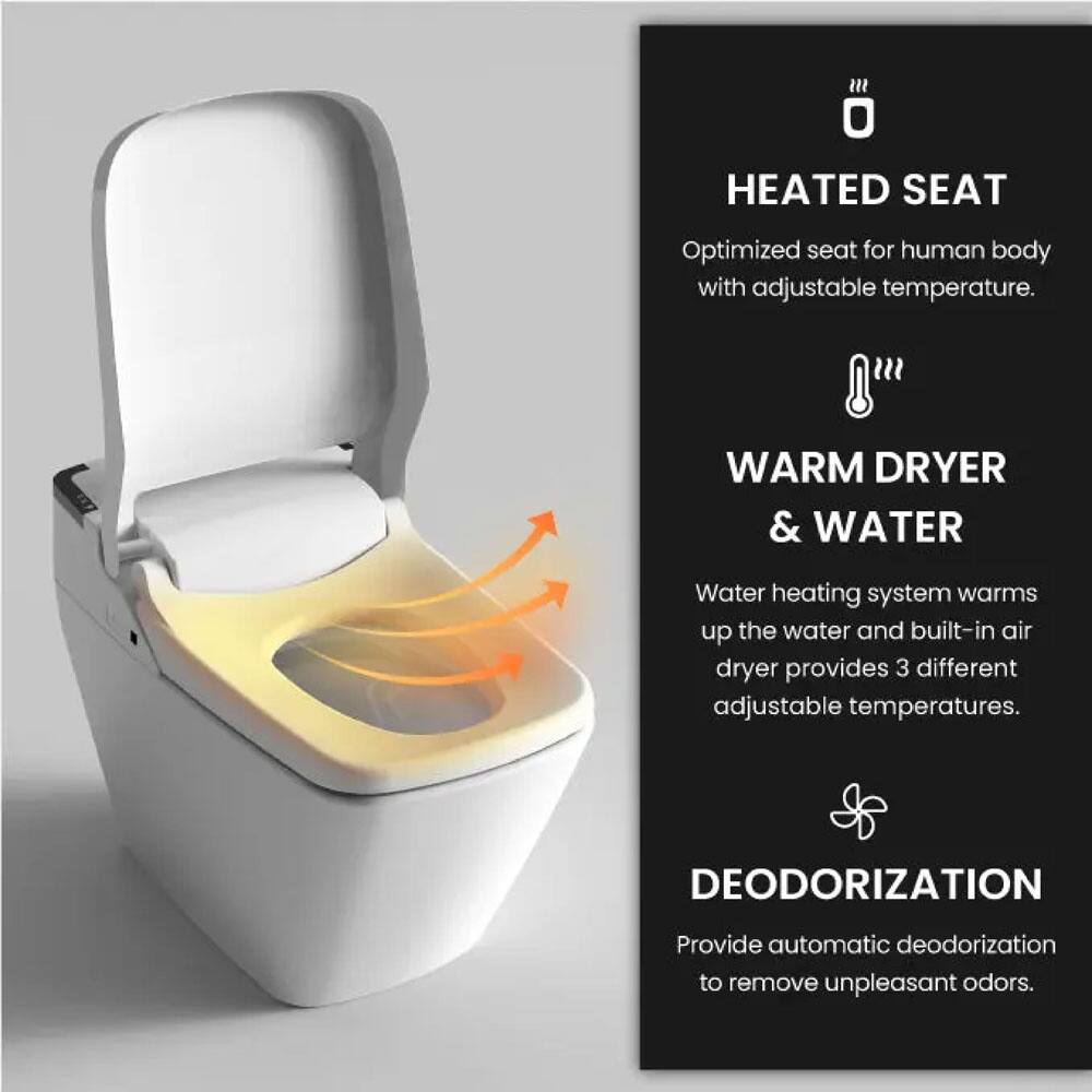 - **HEATED SEAT**  
  Optimized seat for human body with adjustable temperature.

- **WARM DRYER & WATER**  
  Water heating system warms up the water and built-in air dryer provides 3 different adjustable temperatures.

- **DEODORIZATION**  
  Provide automatic deodorization to remove unpleasant odors.