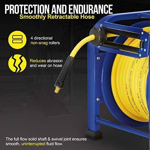 **PROTECTION AND ENDURANCE**  
Smoothly Retractable Hose  

- 4 directional non-snag rollers  
- Reduces abrasion and wear on hose  

The full flow solid shaft & swivel joint ensures smooth, uninterrupted fluid flow.