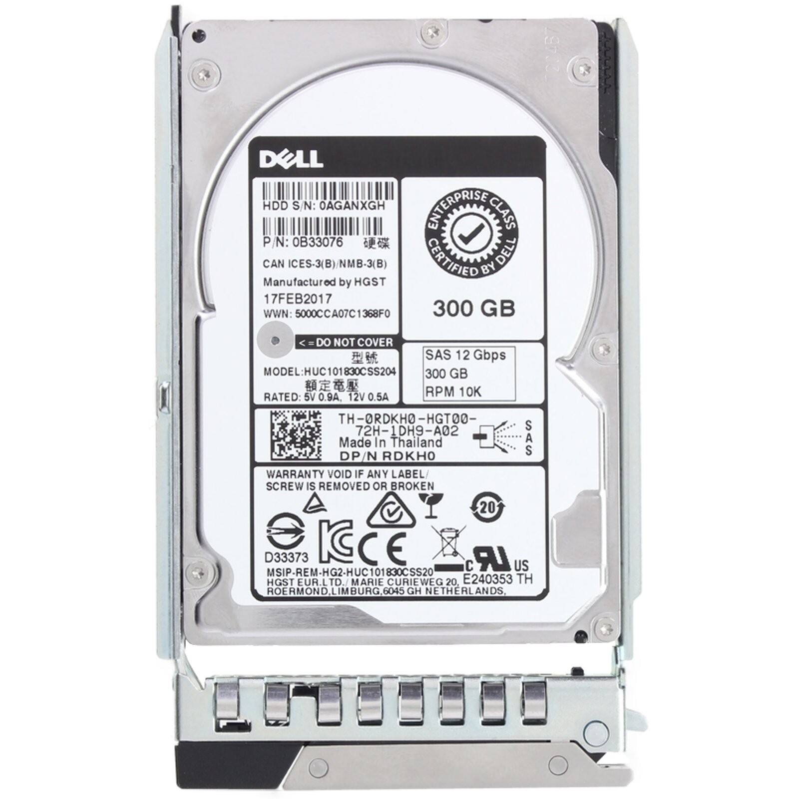 DELL HDD  
SN: OAGANXGH  
ENTERPRISE CLASS  
PN: 0B33076  
CAN ICES-3(B) / NMB-3(B)  
CERTIFIED BY DELL  
Manufactured by HGST  
17FEB2017  
WWN: 5000CCA07C1368F0  
300 GB  
SAS 12 Gbps  
MODEL: HUC101830CSS20  
RPM: 10K  
RATED: 5V0.9A  
TH-ORDKHO-HGTOO  
HGT00-72H-1DH9-A02  
Made In Thailand  
WARRANTY VOID IF ANY LABEL SCREW IS REMOVED OR BROKEN  
D33373  
LR C US  
MSIP HG2  
HUC 101 830CSS20  
HGST EUR. LTD.  
MARIE CURIEWEG 20, E240353 TH ROERMOND LIMBURG 6045 GH NETHERLANDS.