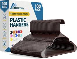 Lifemaster - Plastic Hangers – Heavy Duty, Non-Slip, Space-Saving, Holds 5 lbs, for Clothes, Dresses & Coats, Pack of 100 - Brown
