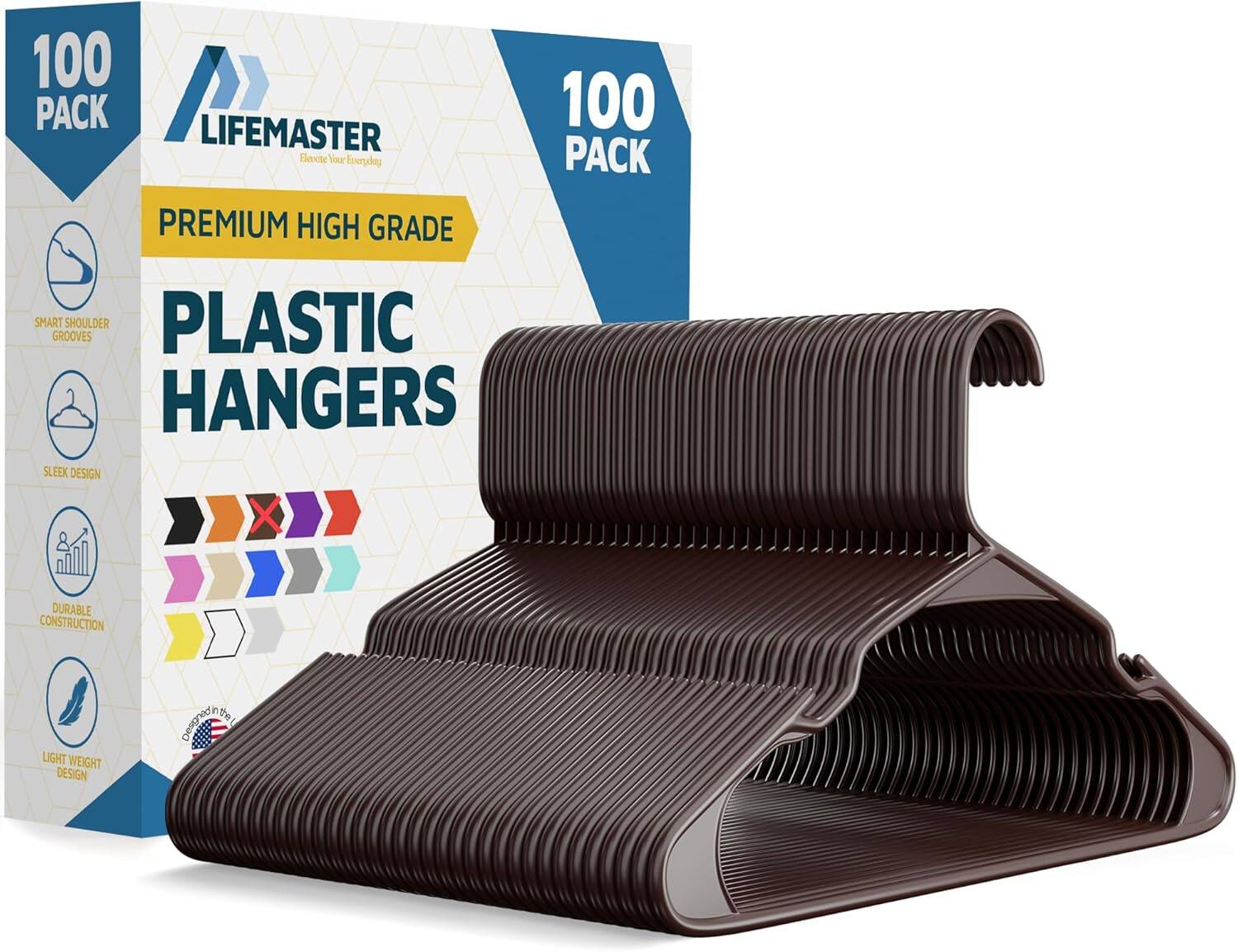100 PACK LIFEMASTER 100 PACK PREMIUM HIGH GRADE PLASTIC HANGERS SMART SHOULDER GROOVES SLEEK DESIGN DURABLE CONSTRUCTION LIGHT WEIGHT DESIGN