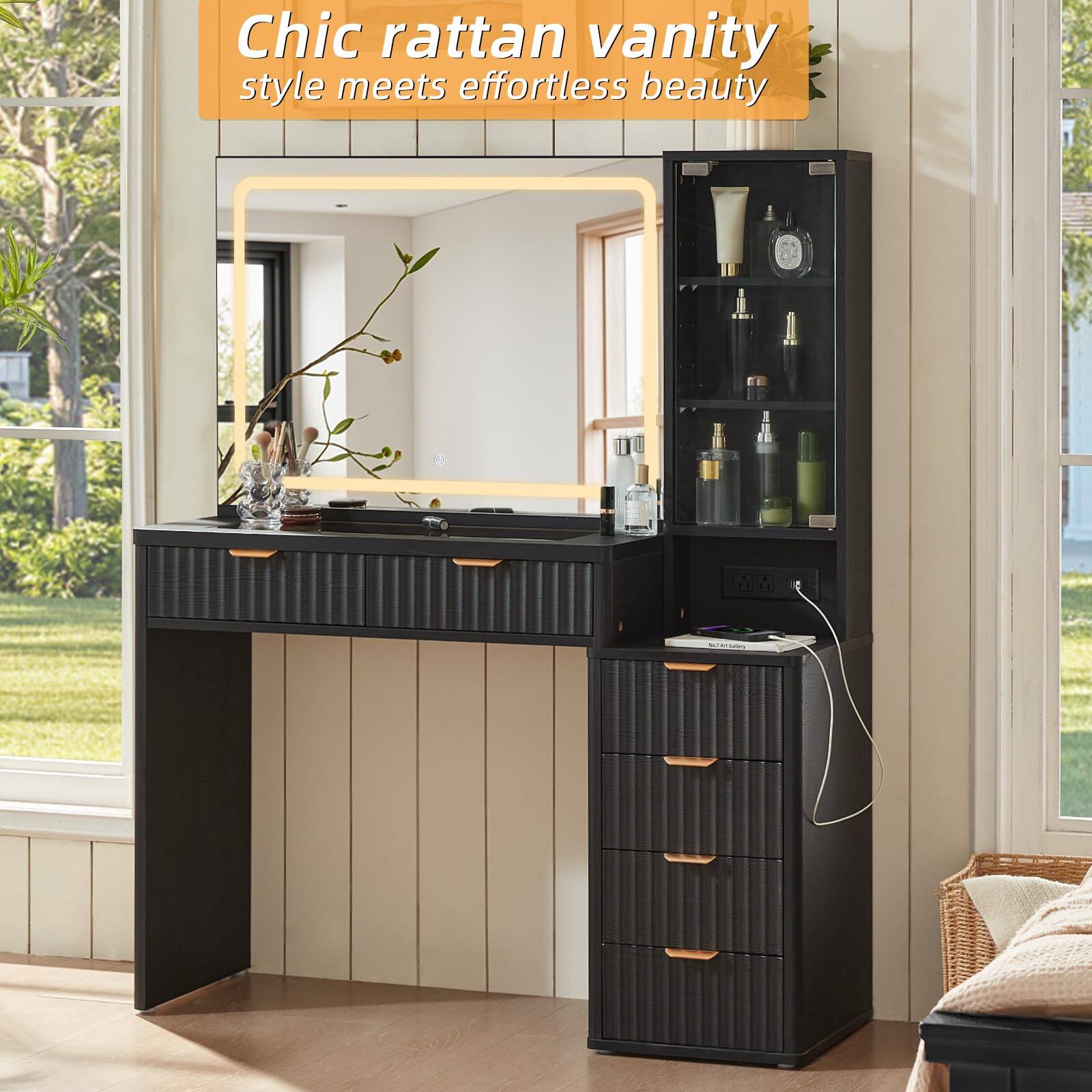 Chic rattan vanity style meets effortless beauty