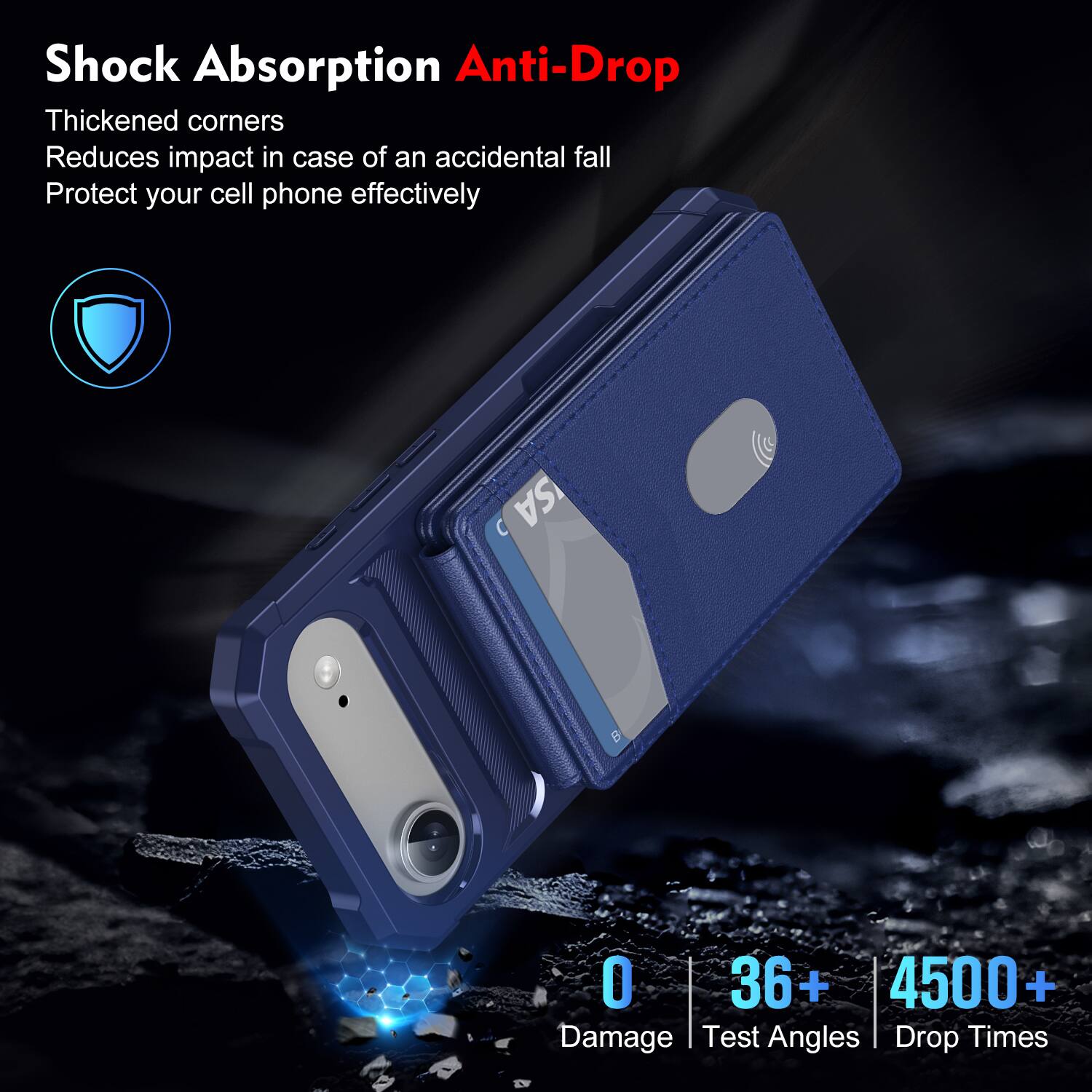 Shock Absorption Anti-Drop  
Thickened corners  
Reduces impact in case of an accidental fall  
Protect your cell phone effectively  

0 Damage  
36+ Test Angles  
4500+ Drop Times