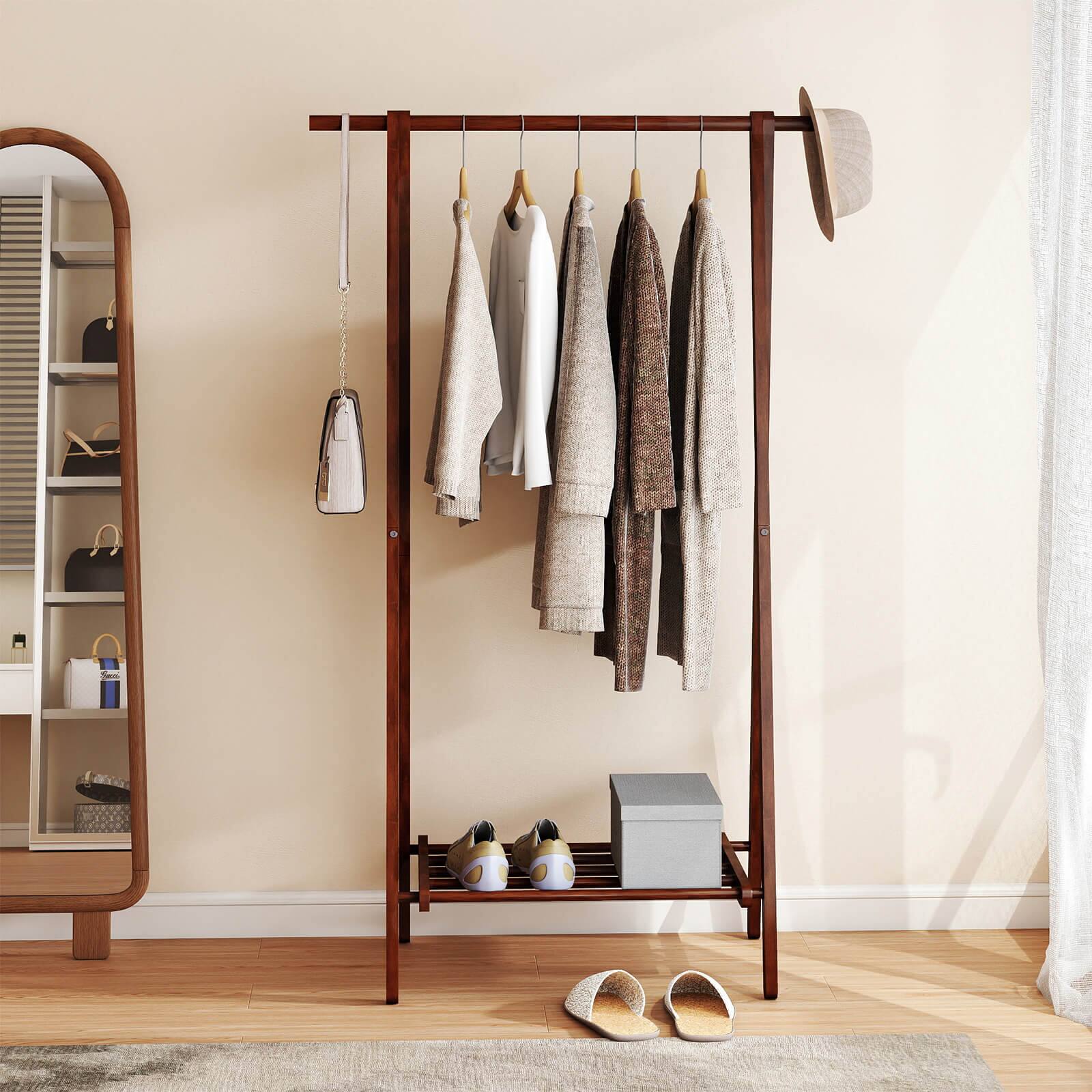 Alt View 4. Costway - Costway Folding Rubber Wood Clothes Hanging Rack with Bottom Storage Shelf for Bedroom - Walnut.