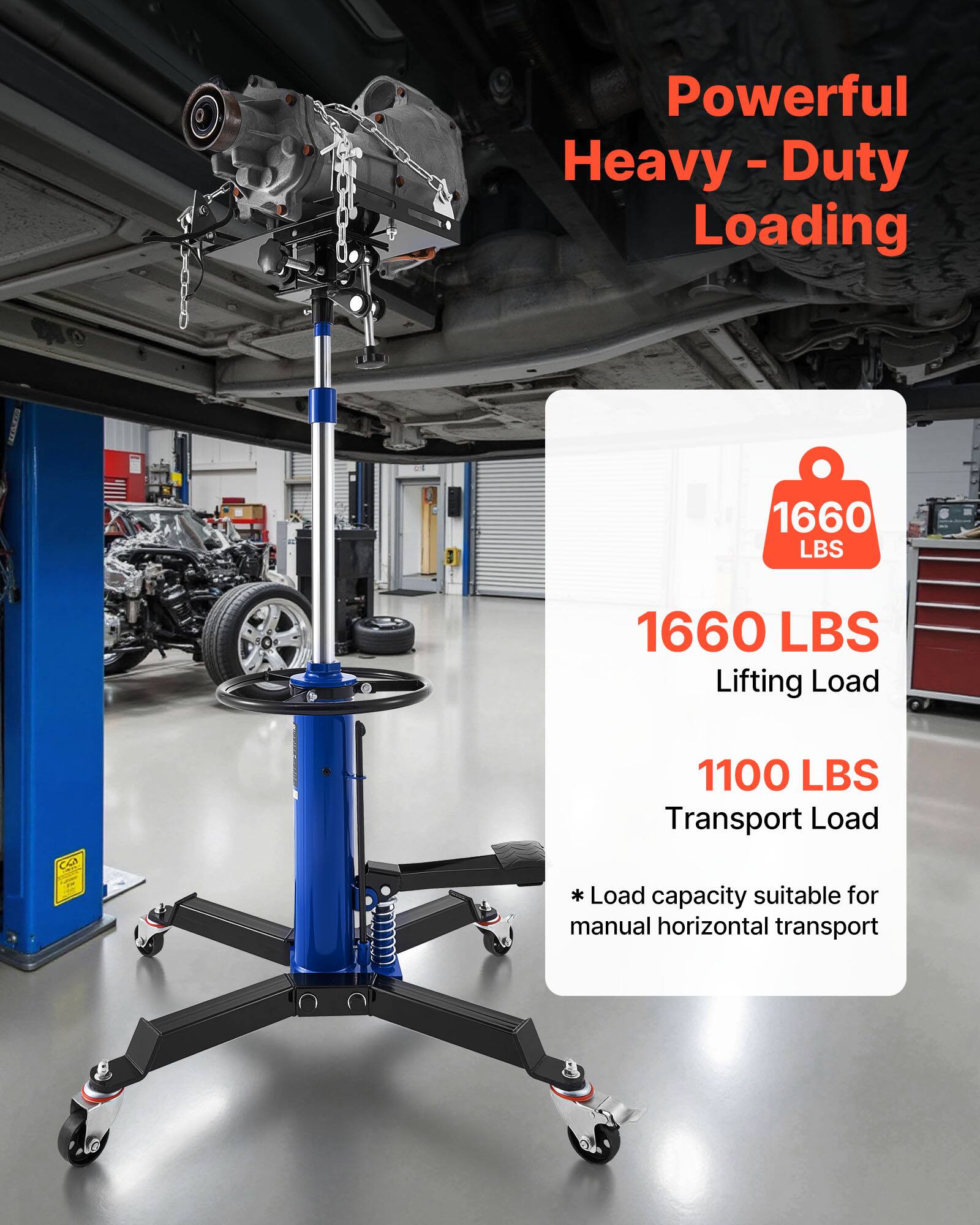 Powerful Heavy-Duty Loading  
1660 LBS Lifting Load  
1100 LBS Transport Load  
* Load capacity suitable for manual horizontal transport