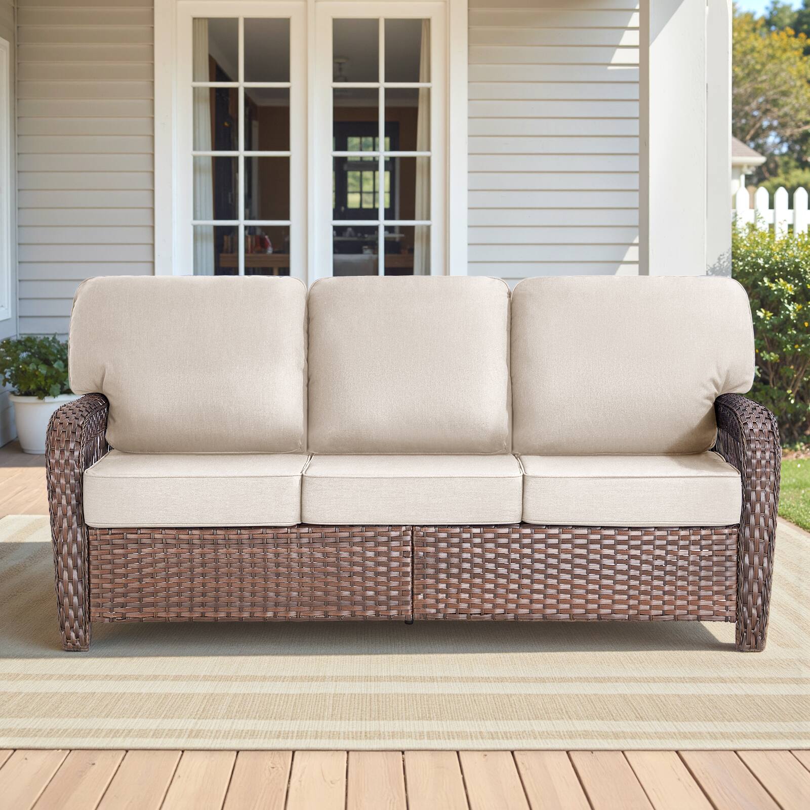 Left. Mondawe - 75.2" Outdoor Brown Wicker Patio Sofa with T Shape-Back Cushions - Beige+Brown.