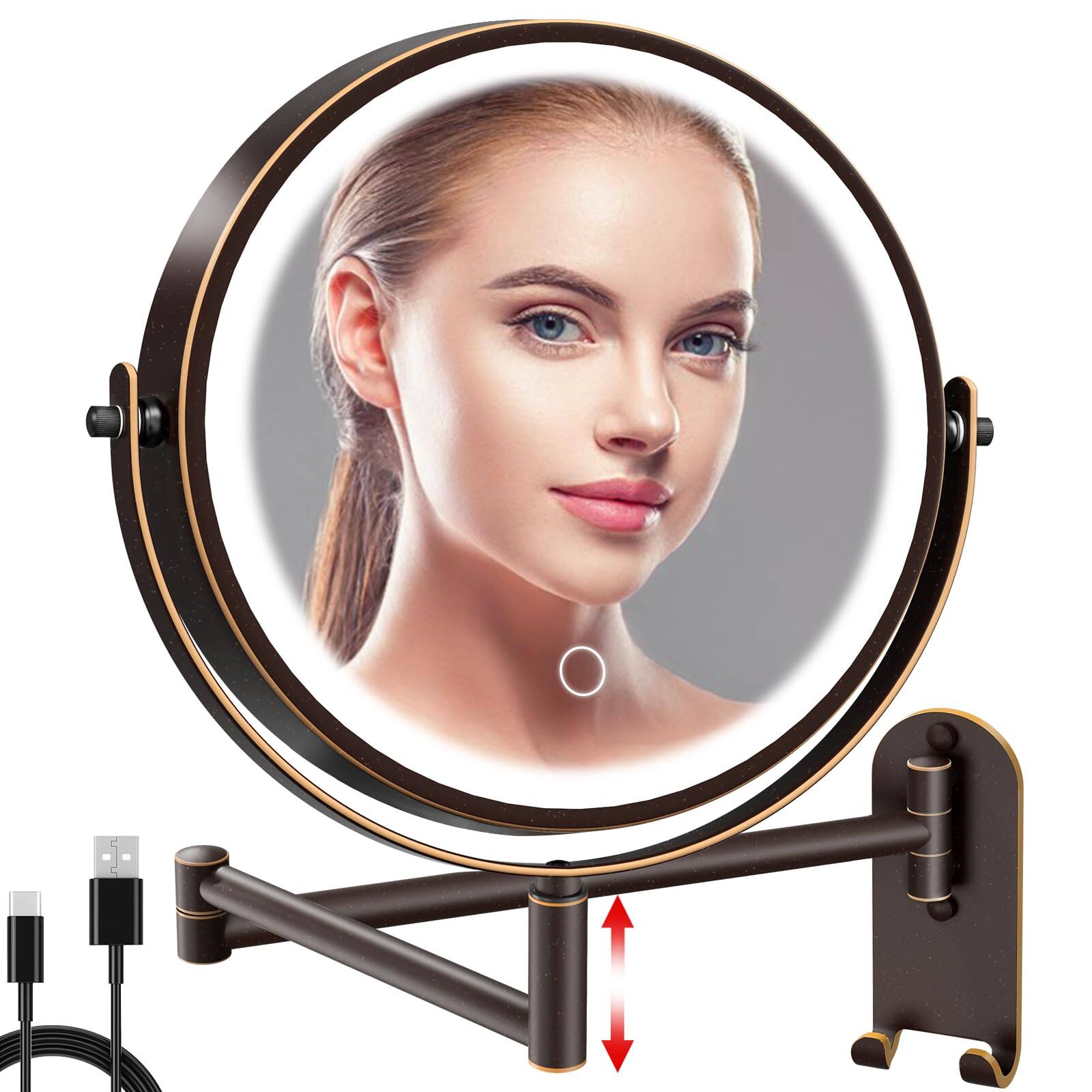 Earthley Blooms - 8" Wall Mounted Lighted Makeup Mirror 3000mah Rechargeable Double Sided 1x 10x Magnifying With Hook Light - Antique Bronze-round