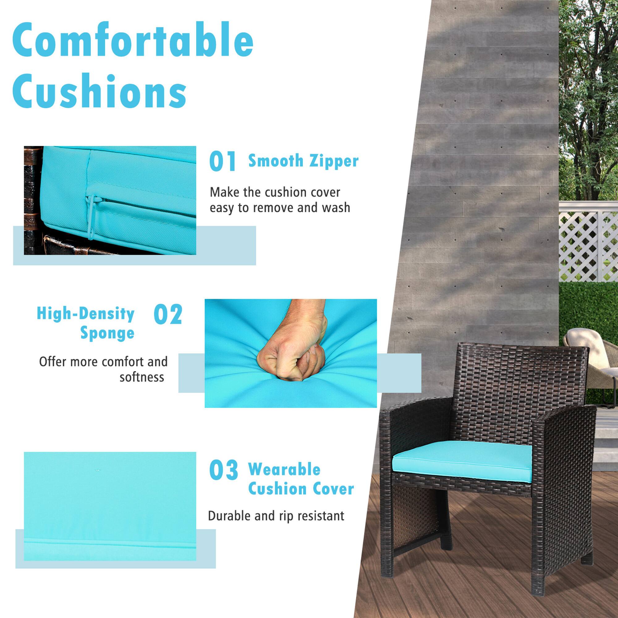 Comfortable Cushions

01 Smooth Zipper  
Make the cushion cover easy to remove and wash

02 High-Density Sponge  
Offer more comfort and softness

03 Wearable Cushion Cover  
Durable and rip resistant