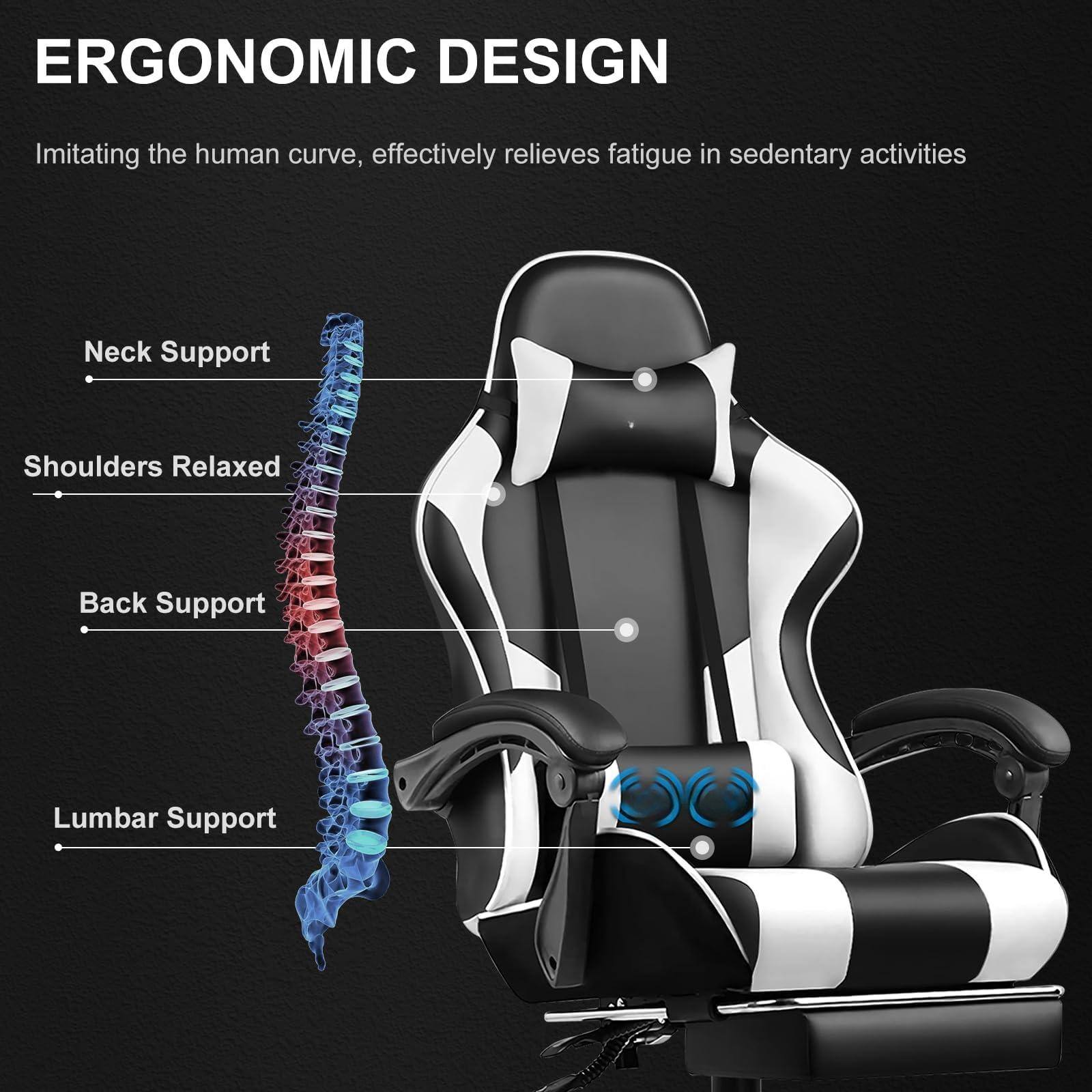 ERGONOMIC DESIGN  
Imitating the human curve, effectively relieves fatigue in sedentary activities  

- Neck Support  
- Shoulders Relaxed  
- Back Support  
- Lumbar Support