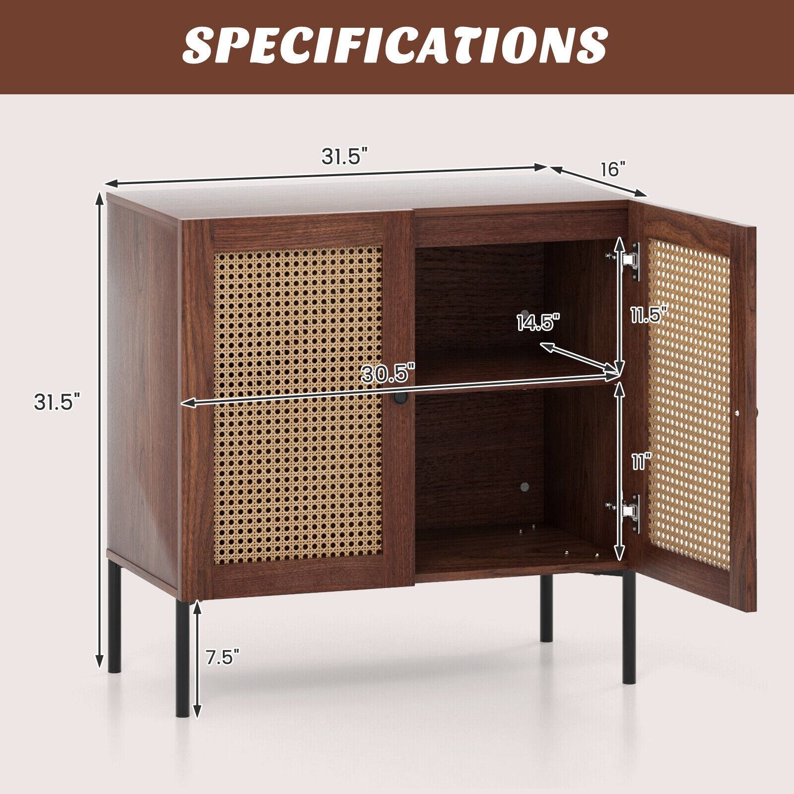 SPECIFICATIONS

- 31.5" (height)
- 16" (width)
- 31.5" (depth)
- 14.5" (width of the shelf)
- 11.5" (height of the door)
- 11" (height of the shelf)
- 7.5" (height of the legs)
- 30.5" (width of the door)