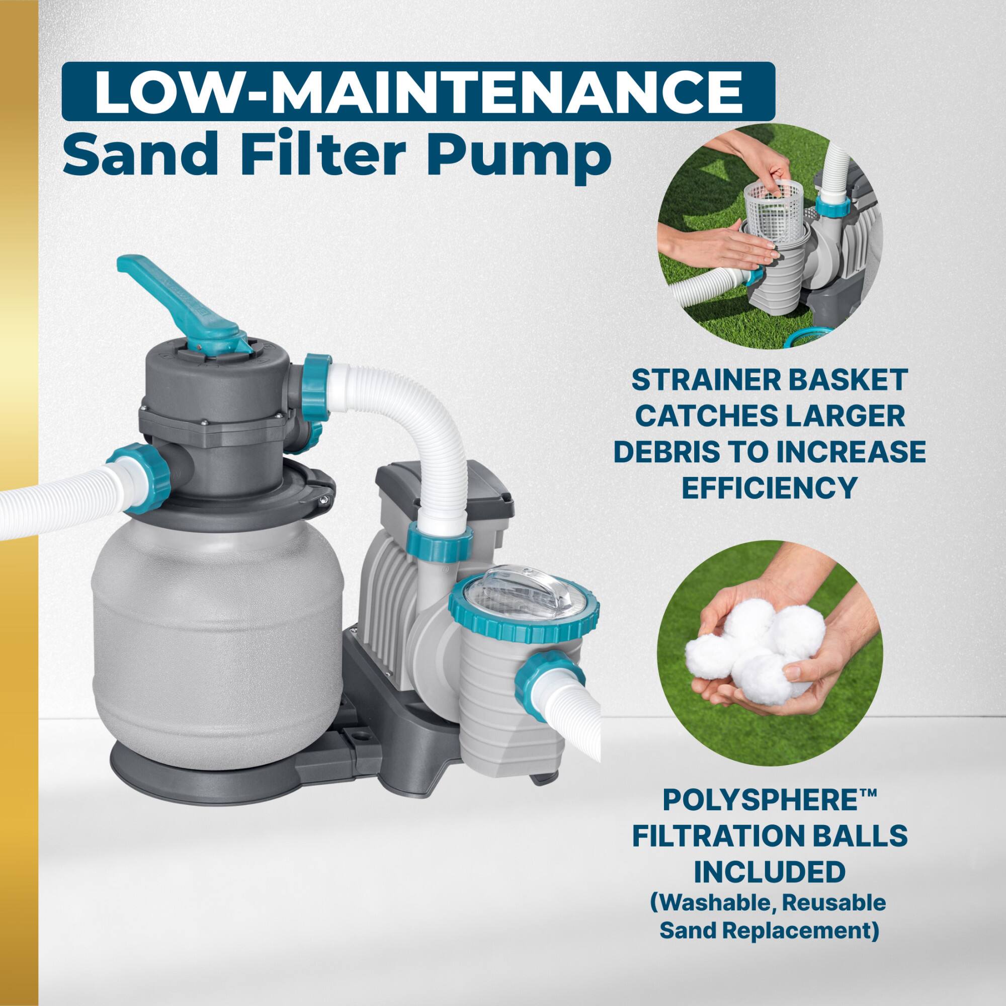 LOW-MAINTENANCE Sand Filter Pump

- STRAINER BASKET CATCHES LARGER DEBRIS TO INCREASE EFFICIENCY
- POLYSPHERE™ FILTRATION BALLS INCLUDED (Washable, Reusable Sand Replacement)