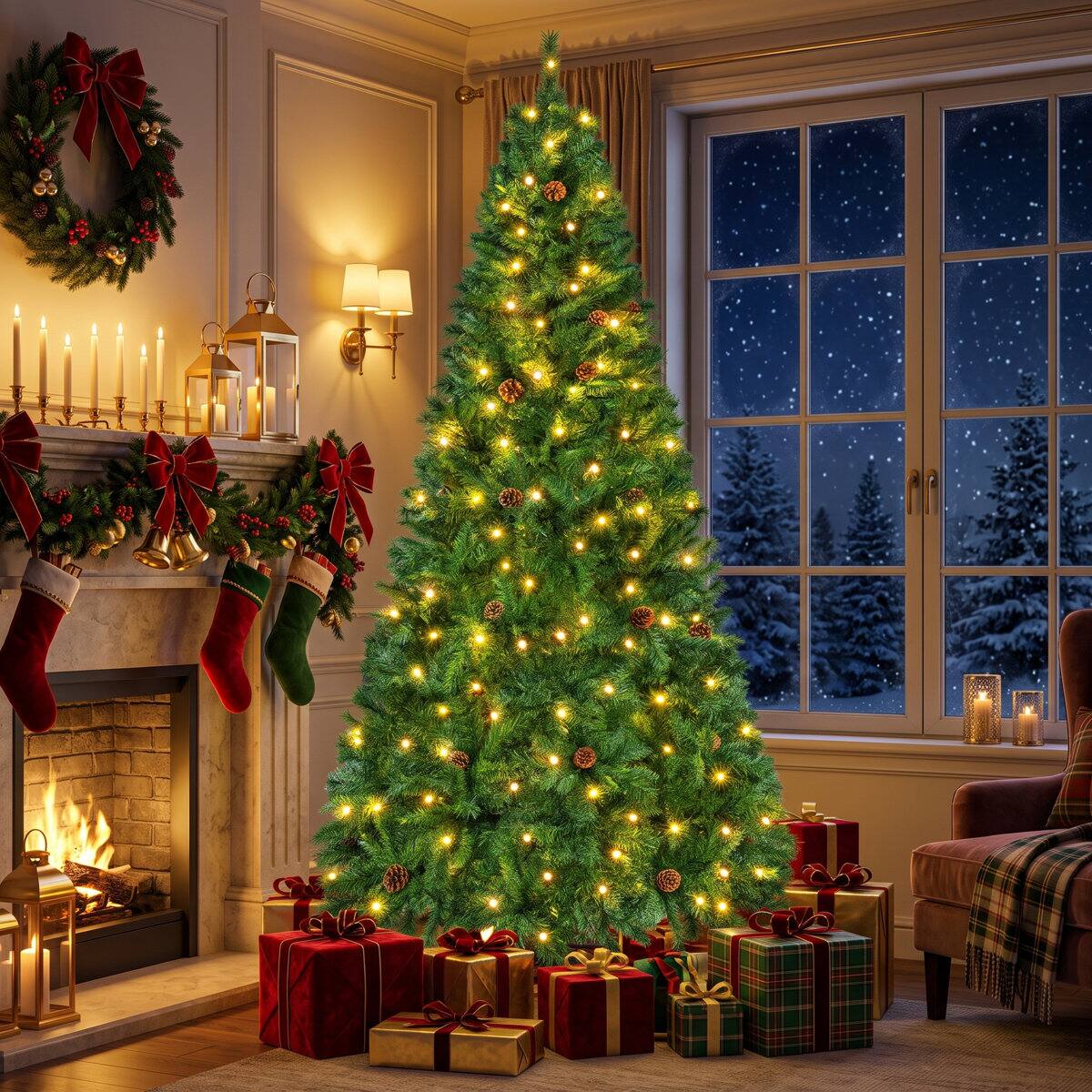 Alt View 2. Wisairt - 7.5FT Pre-Lit Artificial Christmas Tree, 1305 Tips Full Green Pine with 300 LED 8 Modes - Green.