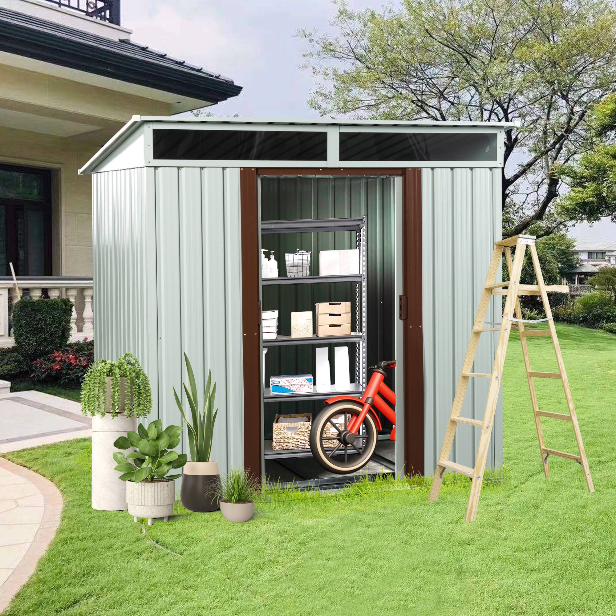Left. Mondawe - 6ft x 5ft Outdoor Metal Storage Shed with Foundation - White.