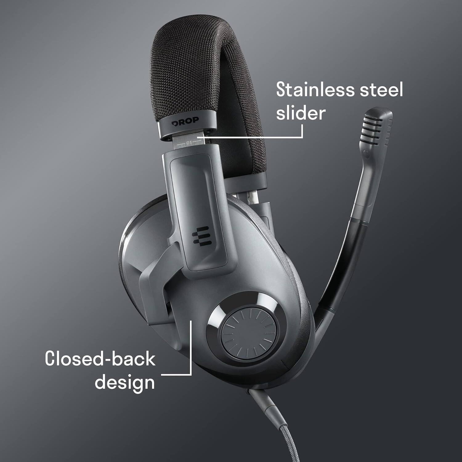 The image shows a pair of headphones with a stainless steel slider. The headphones have a closed-back design, which is indicated by the label "closed-back design." The headphones are also labeled with the brand name "Drop," suggesting that they are a product of that company.