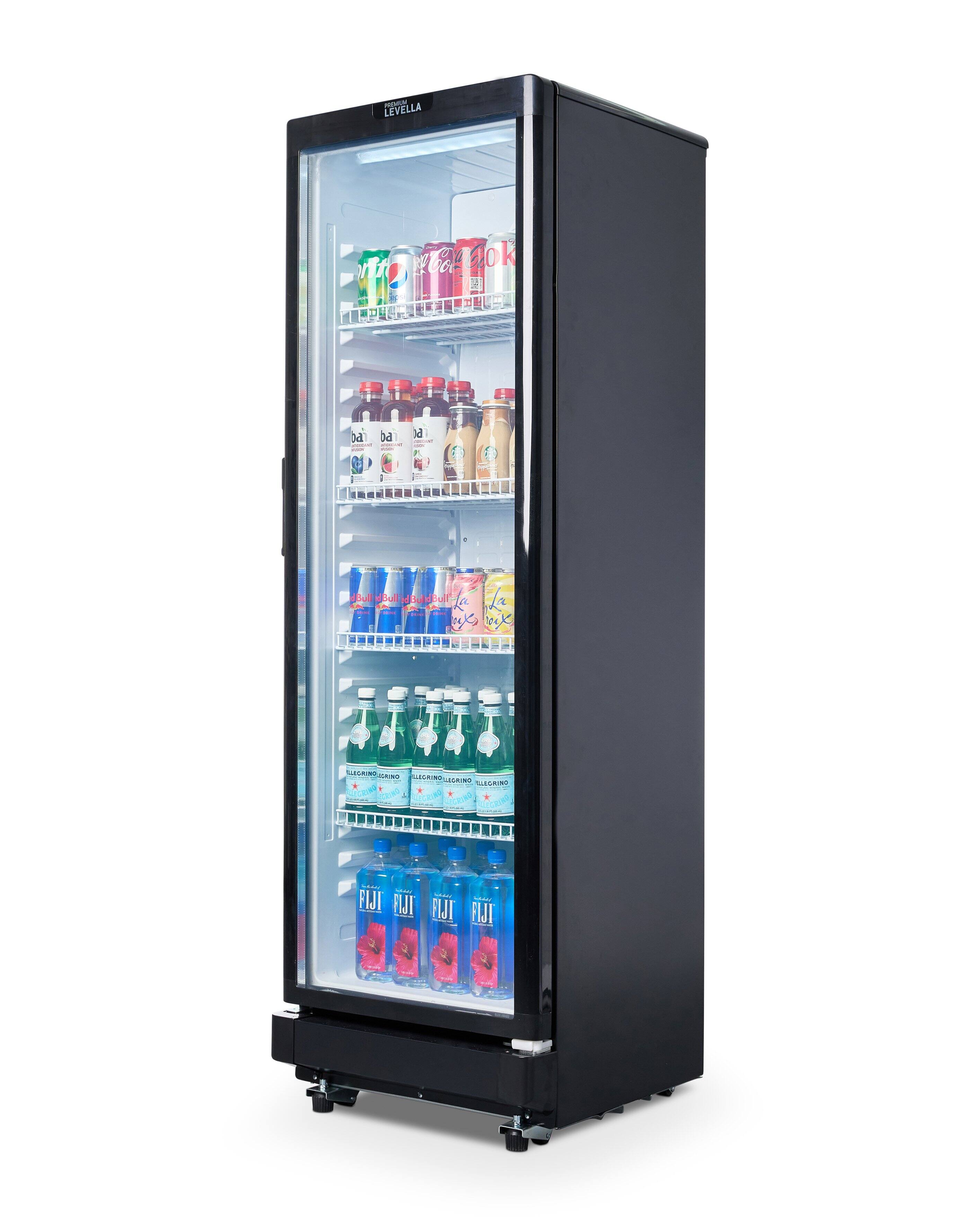 The image features a refrigerator with a variety of drinks inside. The drinks include bottles and cans, with some of the bottles placed on the top shelf and others on the bottom shelf. The refrigerator is filled with a diverse selection of beverages, offering a wide range of choices for those who use it.