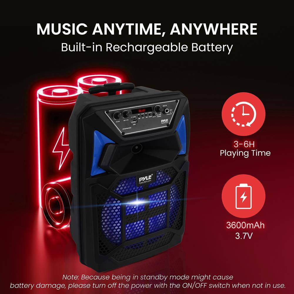 MUSIC ANYTIME, ANYWHERE  
Built-in Rechargeable Battery  

3-6H Playing Time  
3600mAh 3.7V  

Note: Because being in standby mode might cause battery damage, please turn off the power with the ON/OFF switch when not in use.