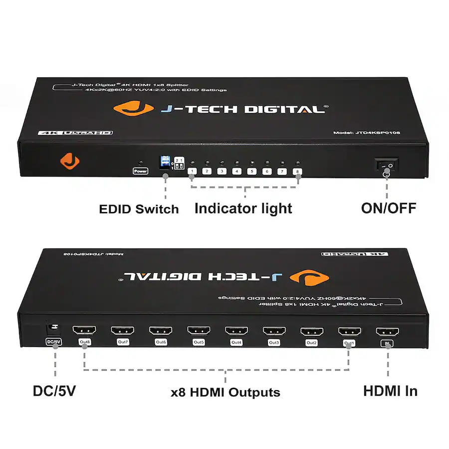 Edid Switch J Tech Digital 4K 60Hz (4:2:0) 1x8 HDMI Splitter Black JTD-4KSP0108V2 ...