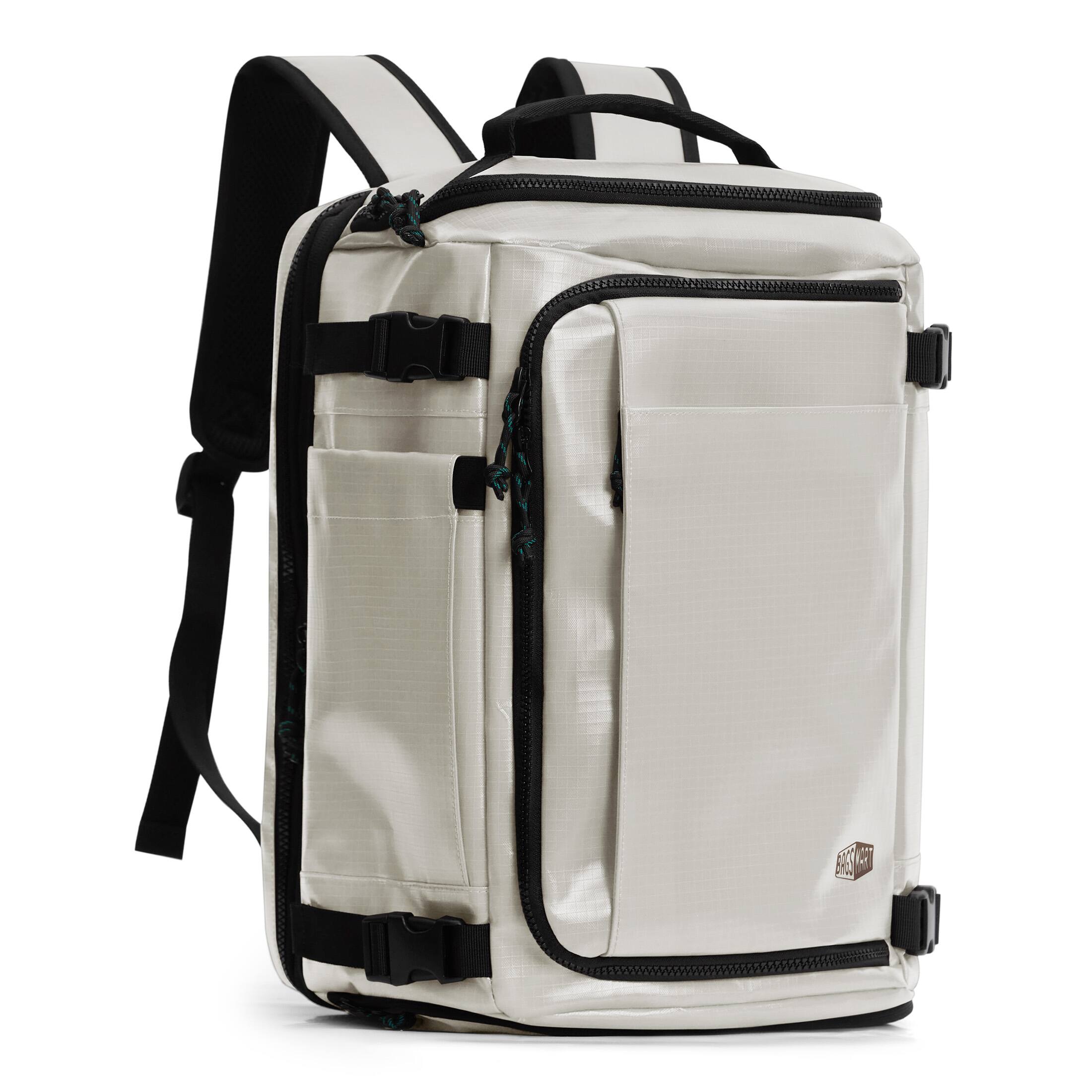 Left. Bagsmart - Blast 38L Expandable Travel Backpack, Flight Approved Carry On Laptop Backpack with USB Port for Men Women - White.