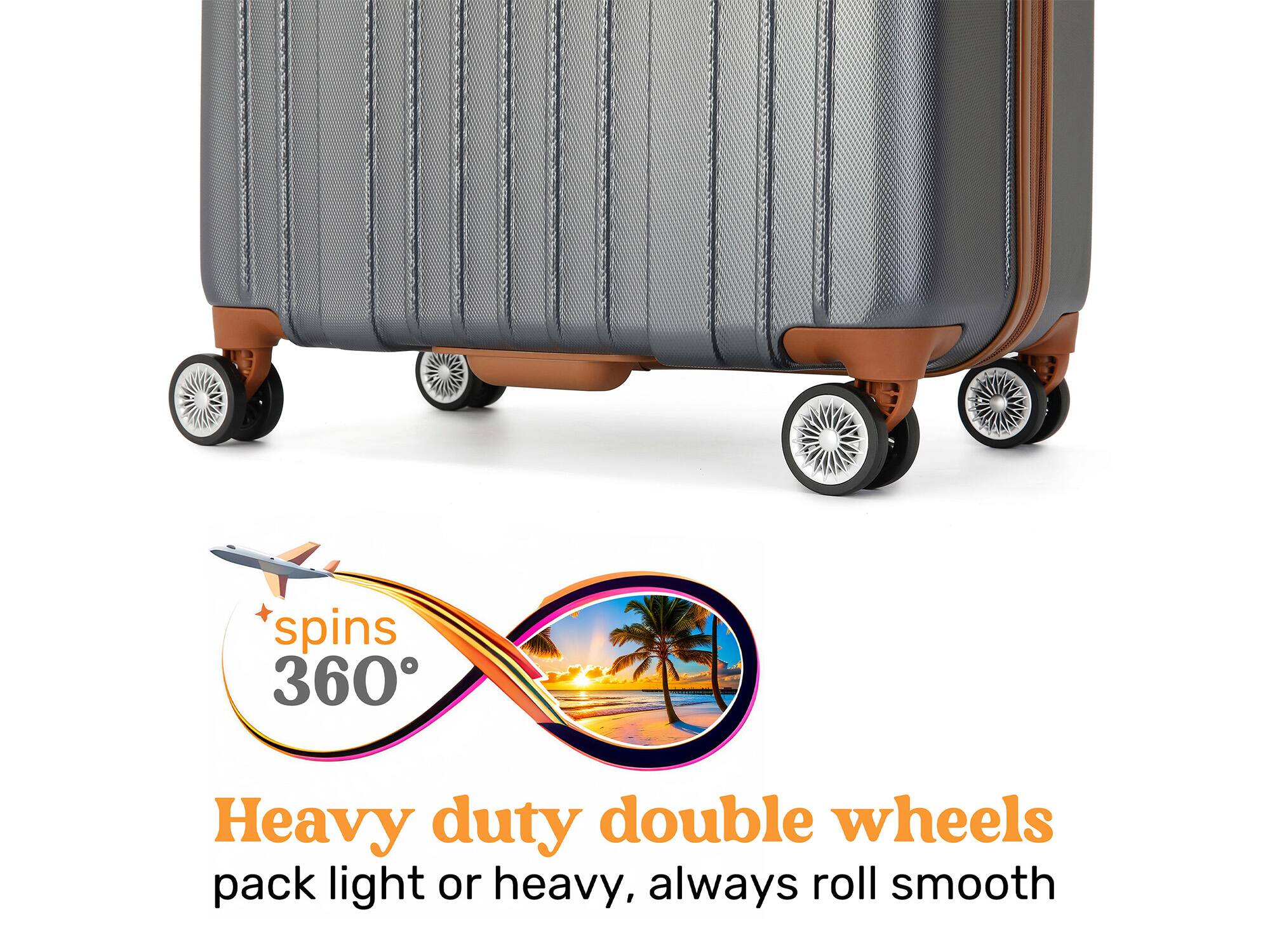spins 360°, Heavy duty double wheels pack light or heavy, always roll smooth