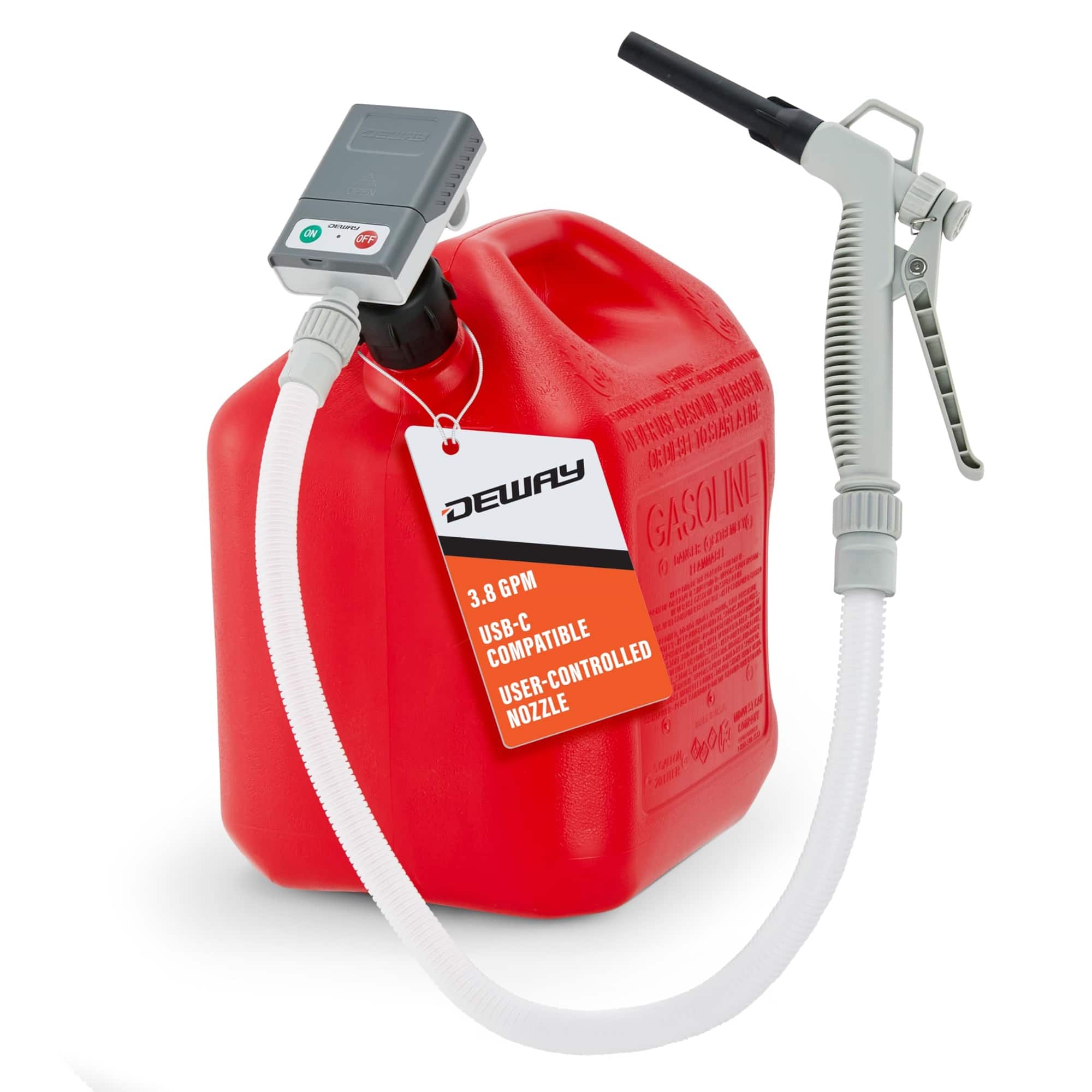 Deway - Gas Can Fuel Transfer Pump with Trigger Nozzle | Fast 3.8 GPM Flow Rate, 51? Hose & 3 Can Adapters for Gasoline - Grey