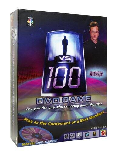 Sure, here is the corrected and grouped text from the image:

---

**NBC**  
**Hosted by Bob Saget**

**100 VS 100**  
**DVD GAME**

**Are you the one who can bring down the 100?**

**Play as the Contestant or a Mob Member!**

**ADULTS PARTY TIME**

**MATTEL DVD GAMES**

---

This text is taken directly from the image and grouped accordingly.