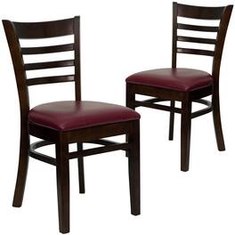 Emma + Oliver - 2 Pack Ladder Back Wooden Restaurant Chair - Burgundy Vinyl Seat/Walnut Wood Frame