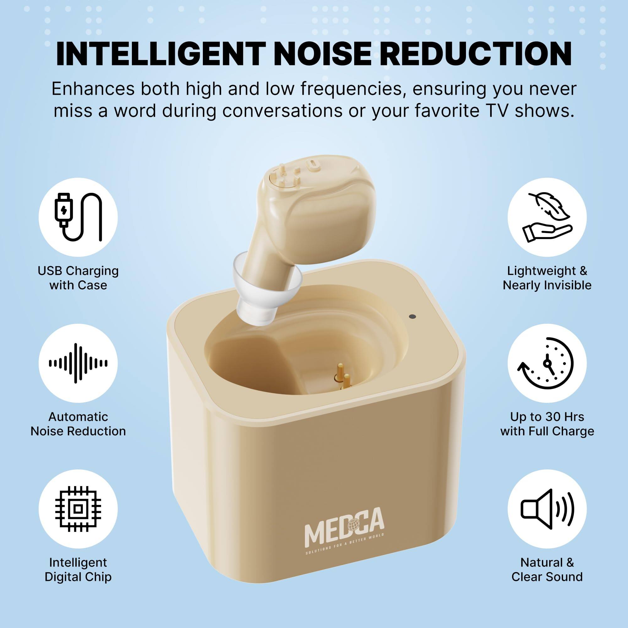 INTELLIGENT NOISE REDUCTION  
Enhances both high and low frequencies, ensuring you never miss a word during conversations or your favorite TV shows.

- USB Charging with Case
- Lightweight & Nearly Invisible
- Automatic Noise Reduction
- Up to 30 Hrs with Full Charge
- Intelligent Digital Chip
- Natural & Clear Sound

MEDCA  
ENHANCING FOR A BETTER WORLD