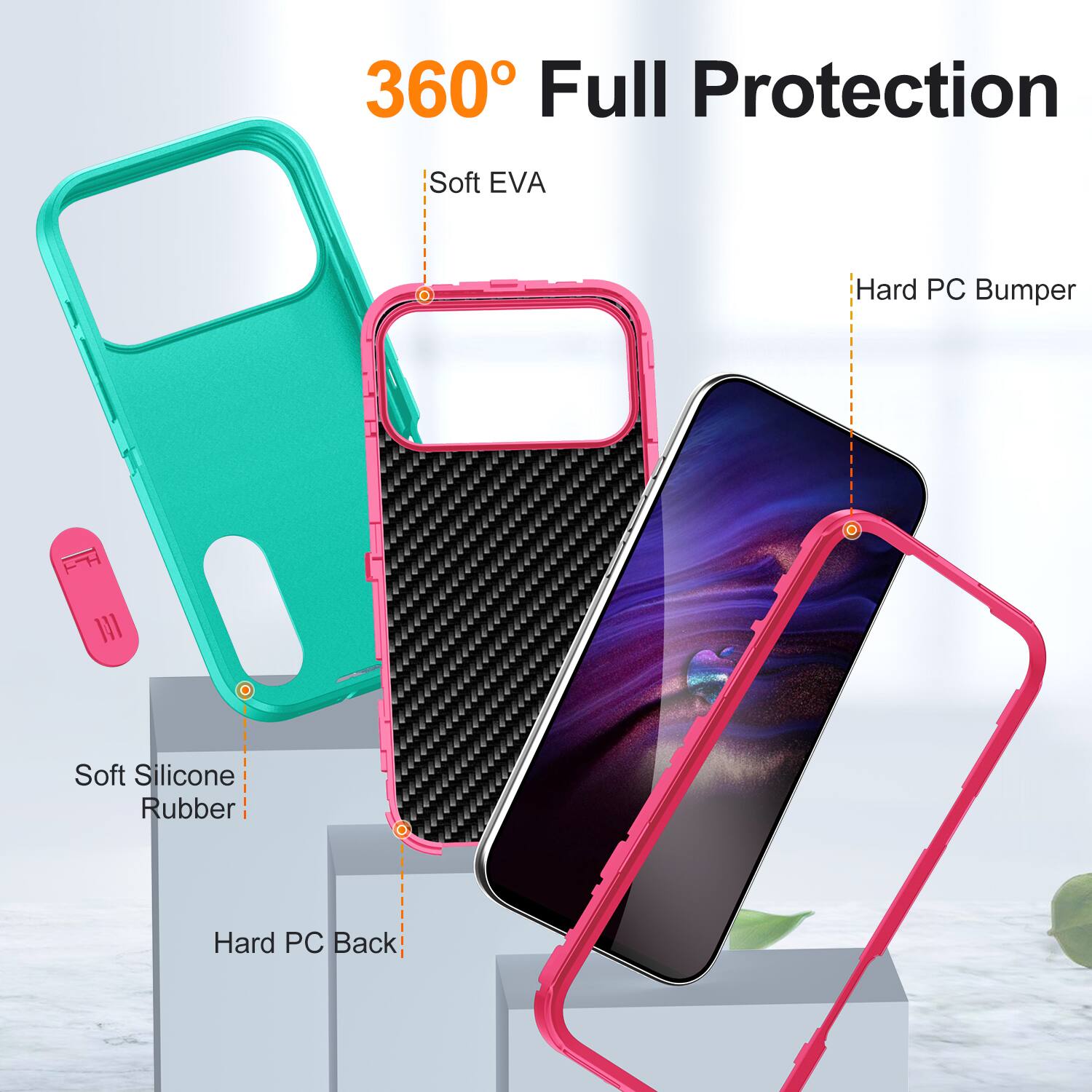 360° Full Protection

- Soft EVA
- Hard PC Bumper
- Soft Silicone Rubber
- Hard PC Back