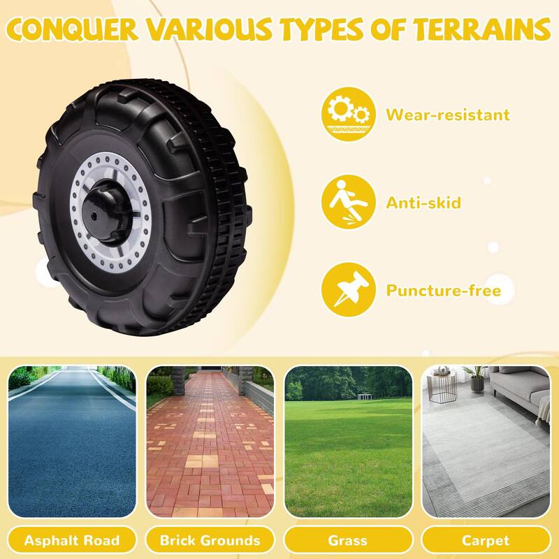 CONQUER VARIOUS TYPES OF TERRAINS

- Wear-resistant
- Anti-skid
- Puncture-free

Asphalt Road  
Brick Grounds  
Grass  
Carpet