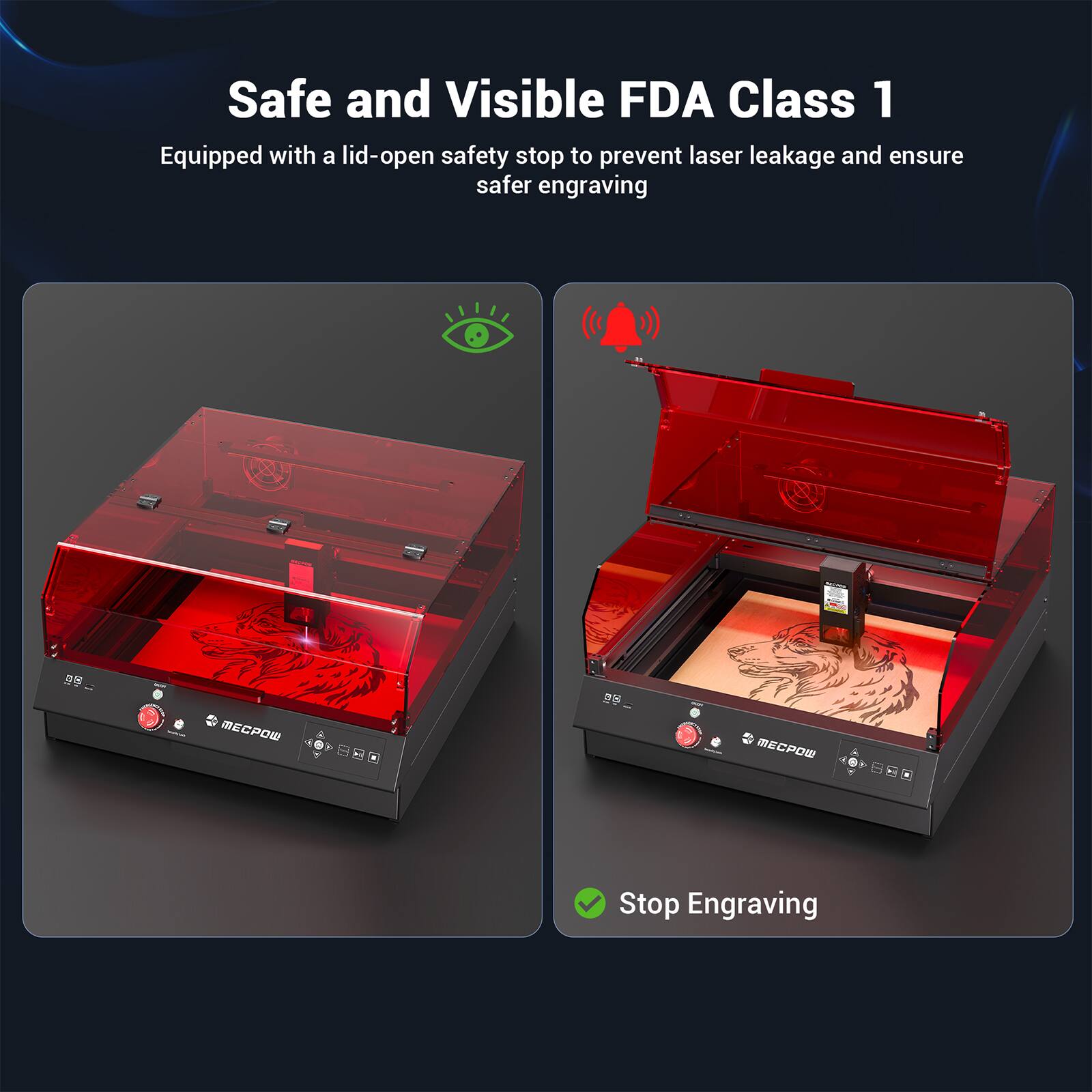 Safe and Visible FDA Class 1 Equipped with a lid-open safety stop to prevent laser leakage and ensure safer engraving. MECPW . Stop Engraving.