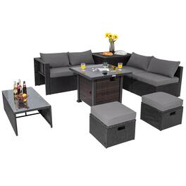 Costway - 9 PCS Patio Furniture Set with 32" Fire Pit Table 50,000 BTU Square Propane Fire Pit - Gray