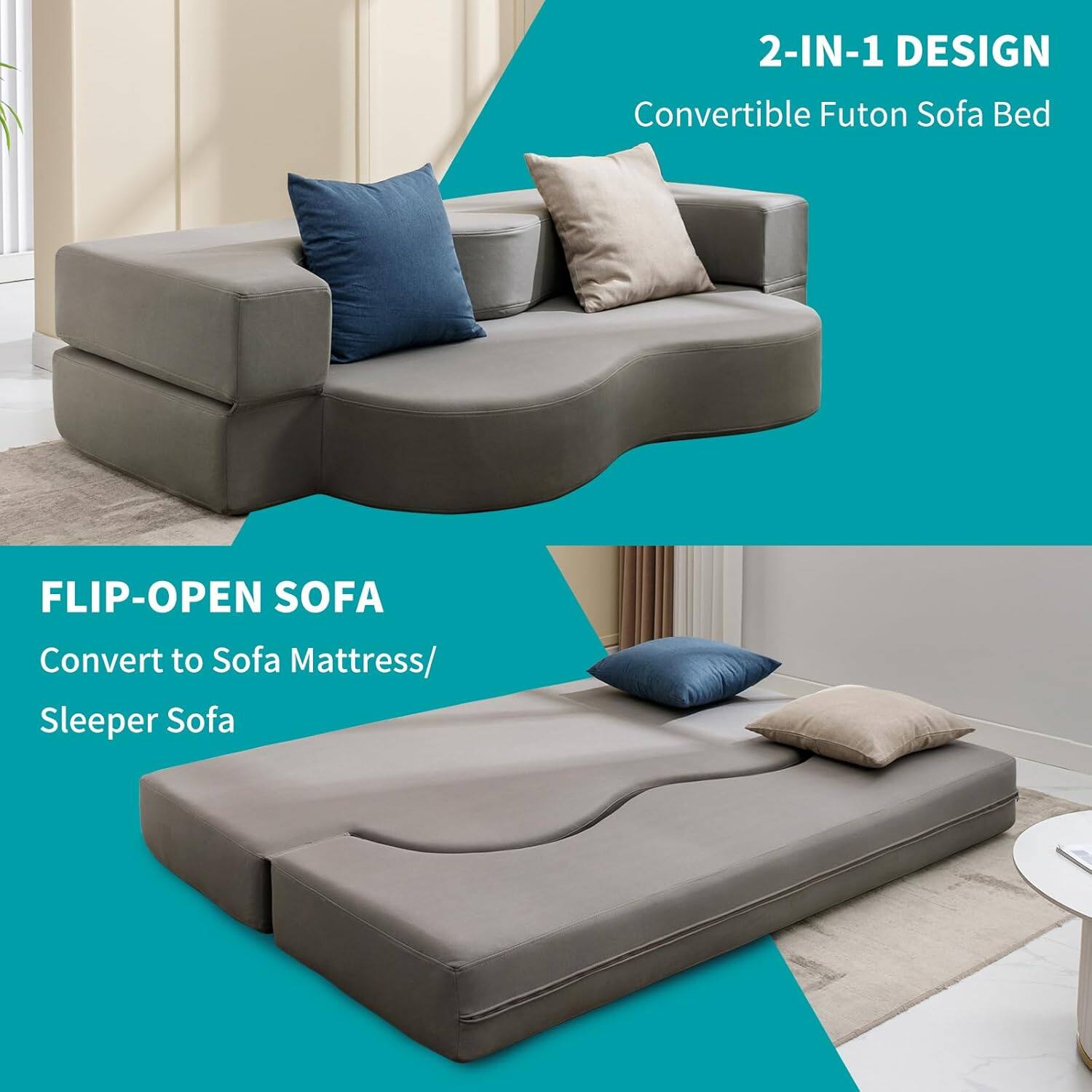2-IN-1 DESIGN  
Convertible Futon Sofa Bed  

FLIP-OPEN SOFA  
Convert to Sofa Mattress/Sleeper Sofa