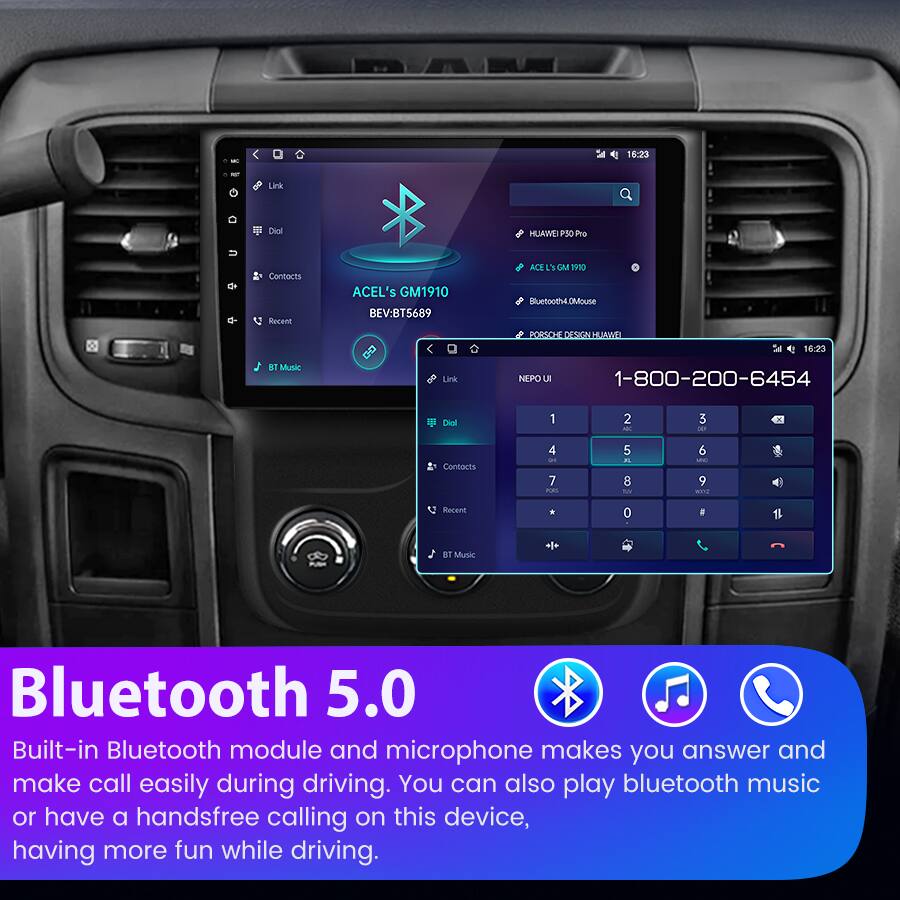 16:23 Link Dini HUAW PS0 Pro Contacts Recent ACEL's GM1910 BEV:BT5689 ACE L'Y GM 1910 Bluetooth4 DMouse POSCHE DESN HUAWS 2 16:23 WT Music Link NEPO 1-800-200-6454 Diol 1 2 Aa 3 - x Contects 4 1 7 FRS 5  8 T 6 9 OO Becend 0 . BT Music +f Bluetooth 5.0 Built-in Bluetooth module and microphone makes you answer and make call easily during driving. You can also play bluetooth music or have a handsfree calling on this device, having more fun while driving.