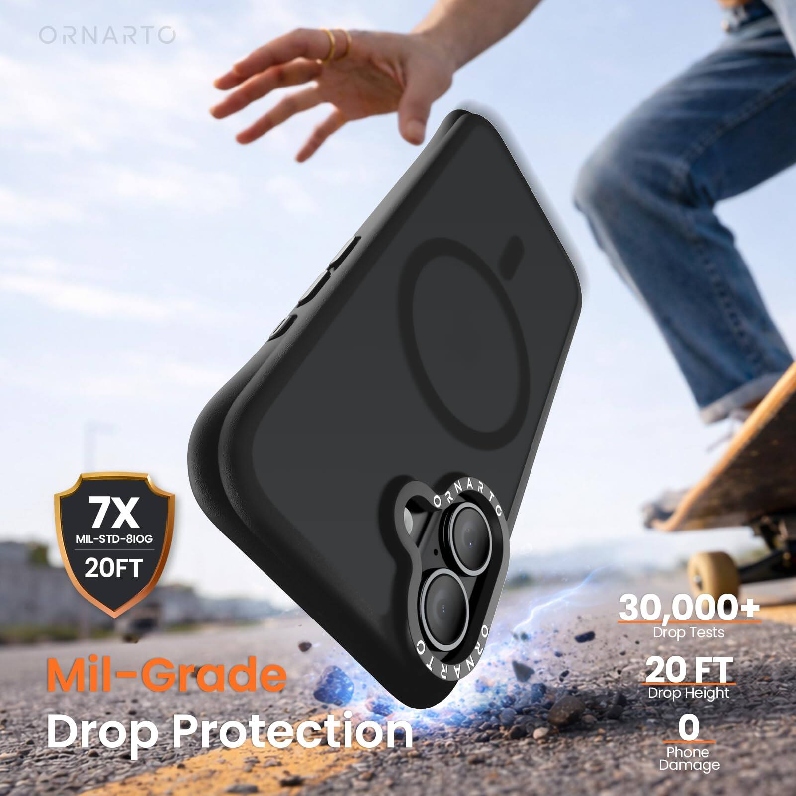 ORNARTO 7X @A MIL-STD-810G 20FT Mil-Grade Ao Drop Protection 30,000+ Drop Tests 20 FT Drop Height 0 Phone Damage