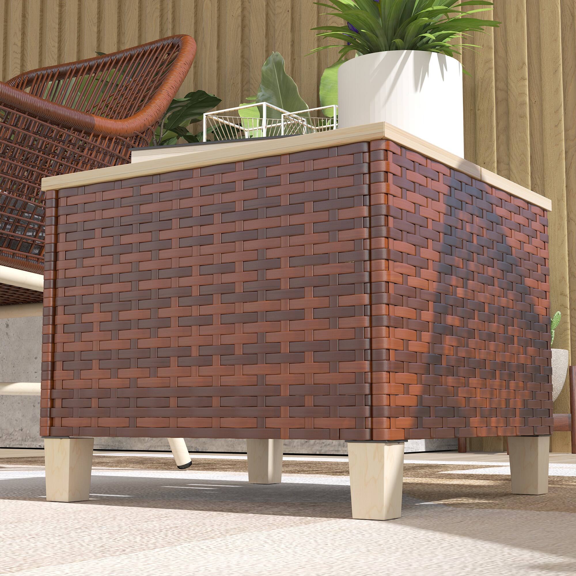 Alt View 8. Outsunny - Outdoor Side Table with PE Rattan, Patio End Table with Natural Fir Wood Tabletop and Legs - Brown.