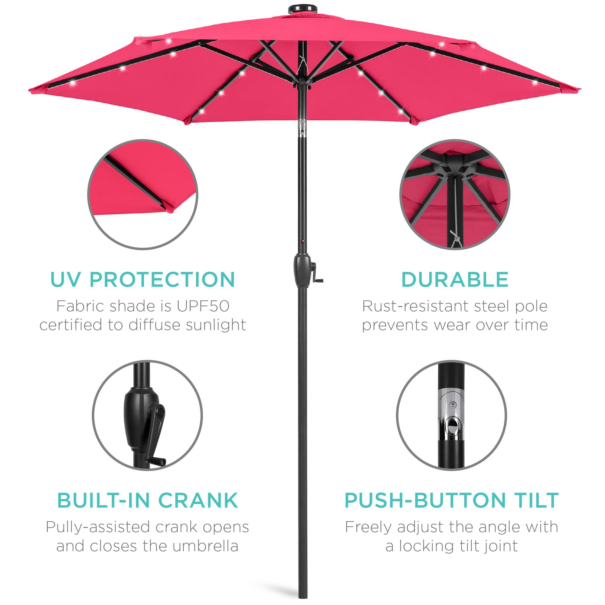 UV Protection: Fabric shade is UPF50 certified to diffuse sunlight.  
Durable: Rust-resistant steel pole prevents wear over time.  
Built-in Crank: Pulley-assisted crank opens and closes the umbrella.  
Push-button Tilt: Freely adjust the angle with a locking tilt joint.
