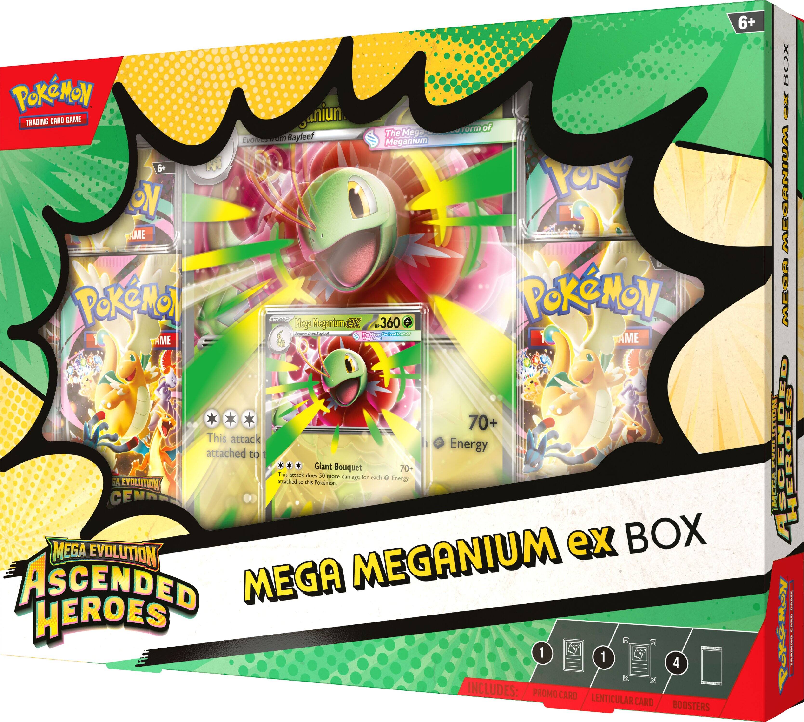 Pokémon Trading Card Game  
6+  
Mega Evolution  
Ascended Heroes  
Mega Meganium ex Box  
Storm of the Meganiun  
Evolution from Bayleef  
Mega Meganium  
This attack does 360 damage.  
This attack does 70 damage for each Energy attached to Giant Bouquet.  
70+ Energy  
Includes: Promo Card, Lenticular Card, Boosters  
6+